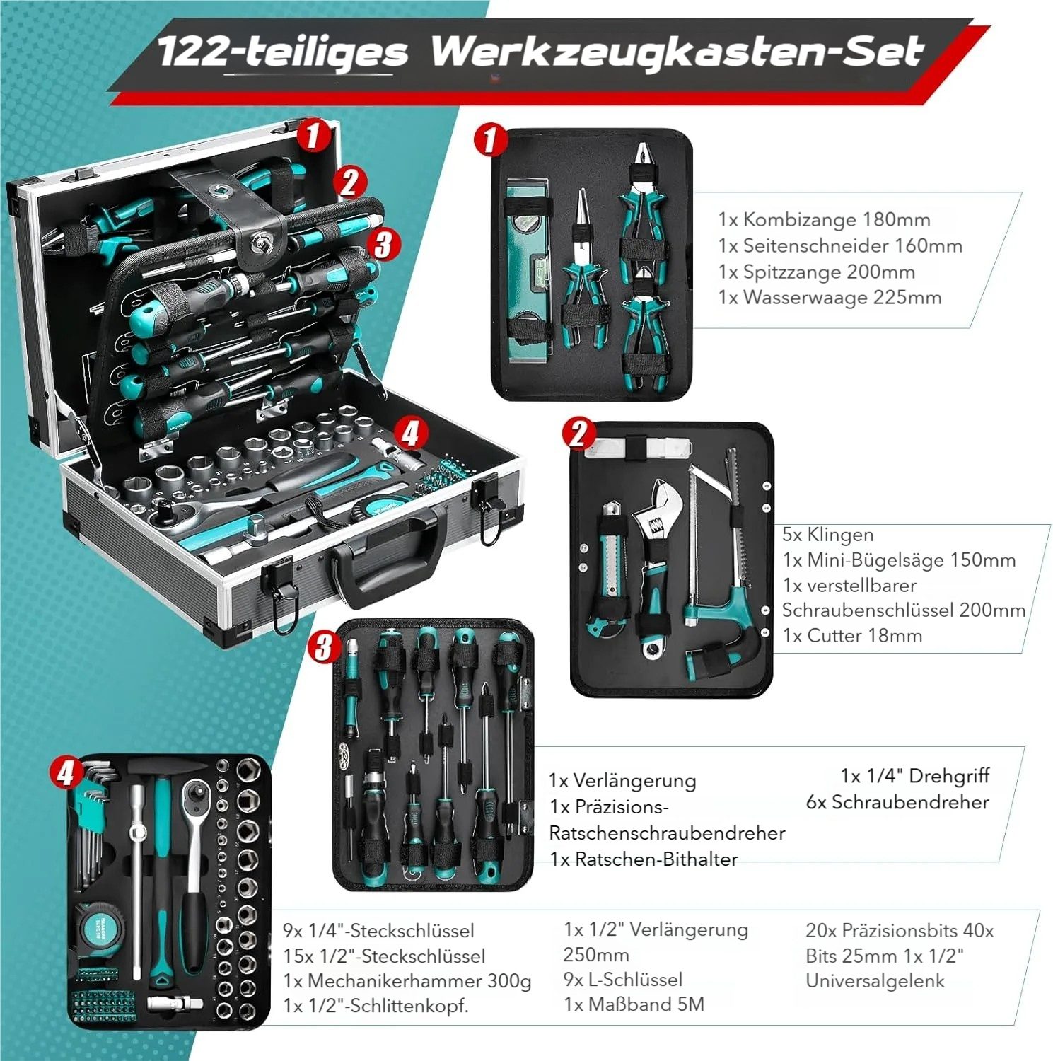 TLGREEN Werkzeugkoffer aus Aluminium,122-tlg Werkzeug Set Werkzeugkasten (Haushalts-Werkzeugkasten mit Ratsche, Steckschlüsseln), Schraubendrehern, Zangen und Hammer