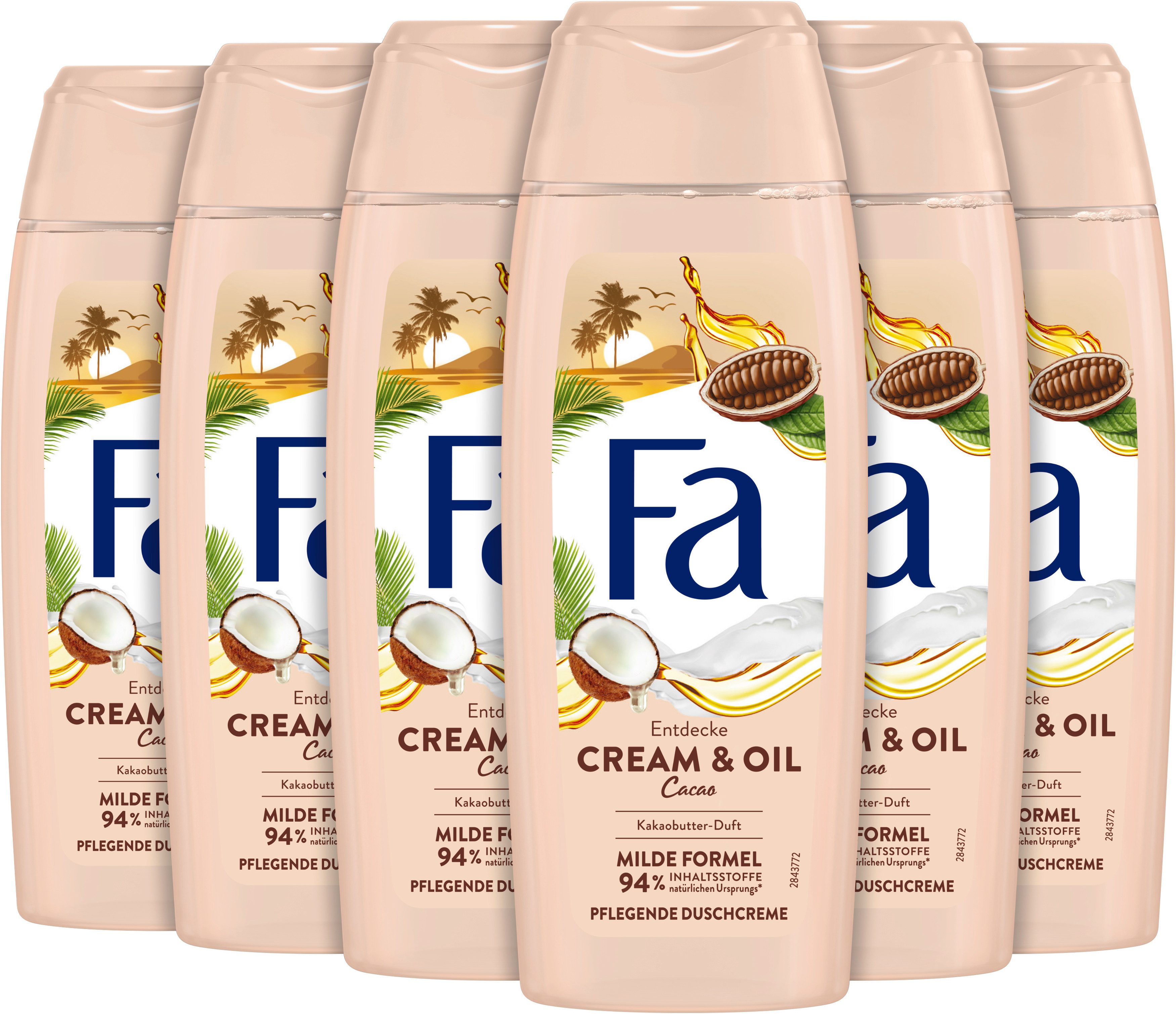 FA Duschgel Duschcreme Cream & Oil Cacao, 6x 250 ml, 6-tlg., milde & vegane Formel, verwöhnender Duft