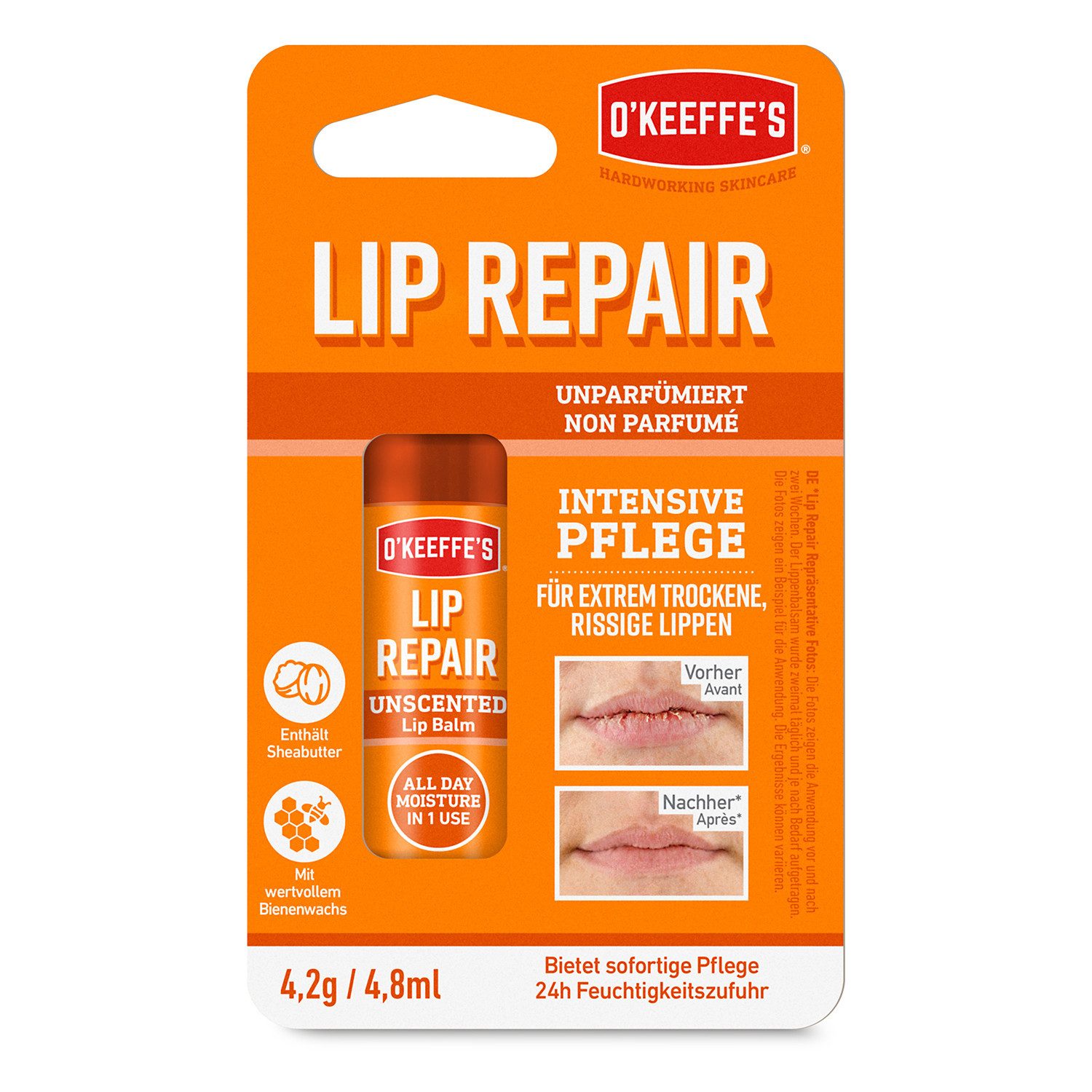 O'KEFFE'S Lippenpflegestift Lip Repair unparfümierter Lippenbalsam, 4,2 g, 1-tlg., Hypoallergen, Bis zu 24 Stunden Feuchtigkeit