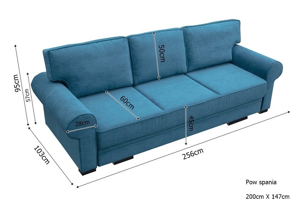 Siblo 3-Sitzer Klassisches Dreisitzer Sofa mit Evania Schlaffunktion Blau