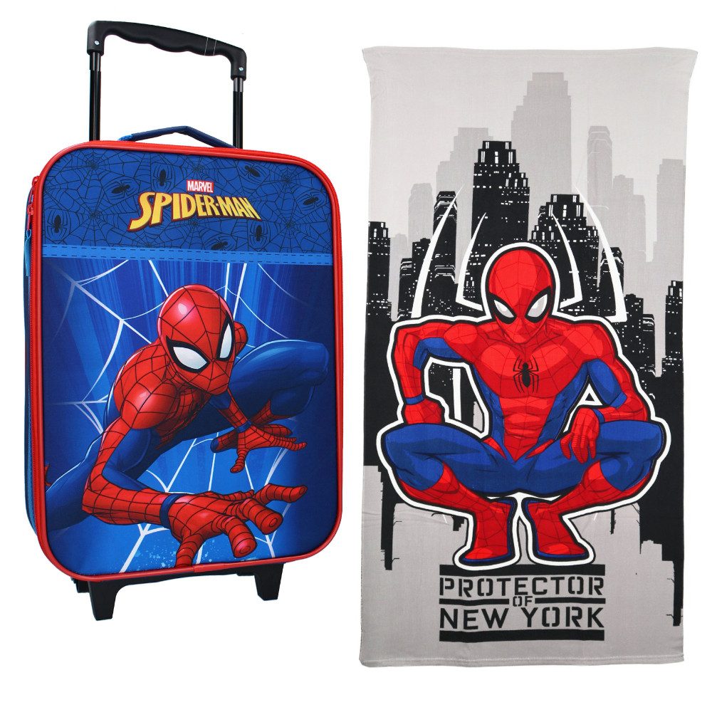 MARVEL Trolley Spiderman Kinder 2tlg Set Trolley Kinderkoffer Strandtuch 70x140, 2 Rollen