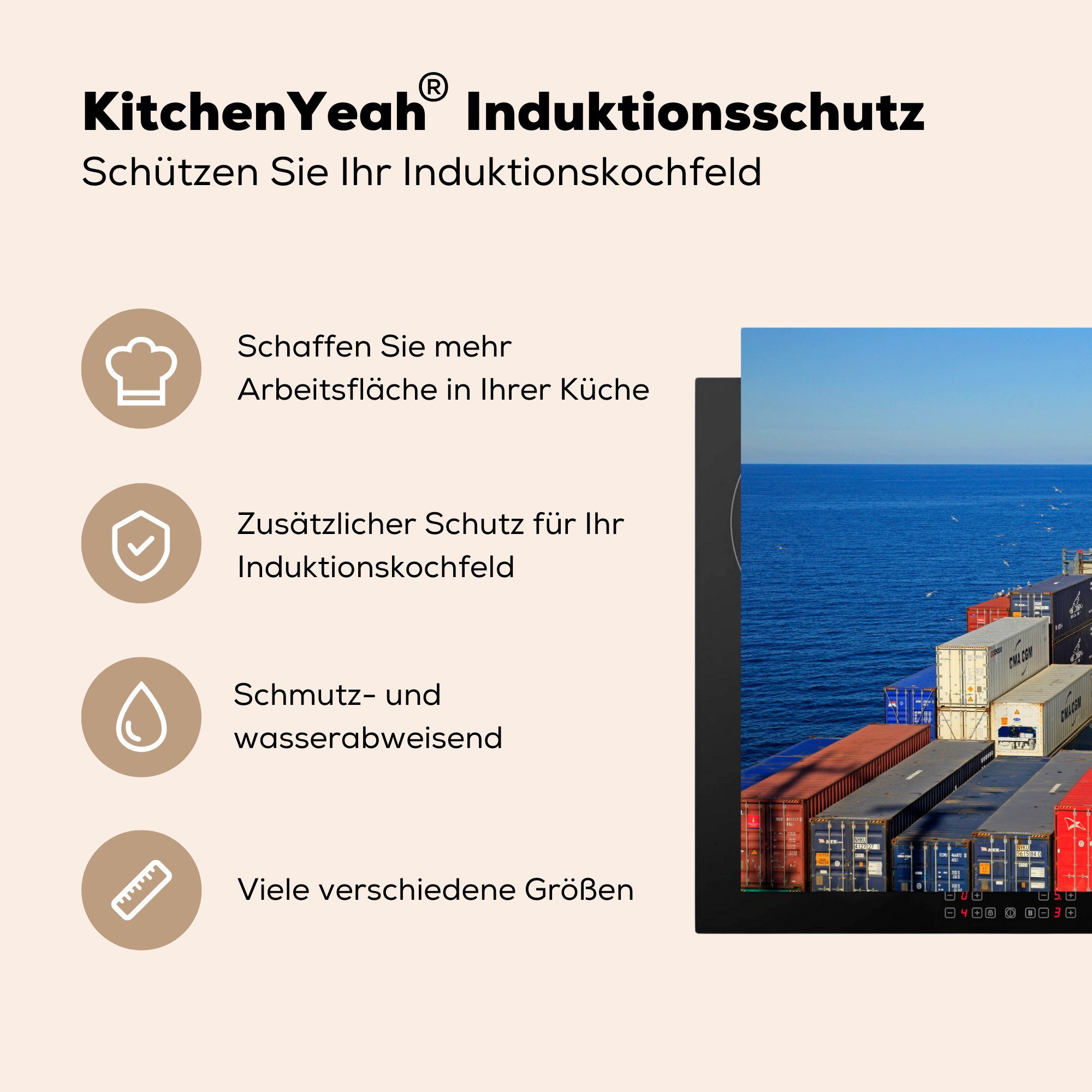 küche, Induktionskochfeld Ceranfeldabdeckung 81x52 Containerschiff (1 Herdblende-/Abdeckplatte für Vinyl, die cm, - MuchoWow Schutz Ostsee tlg), - Boot,