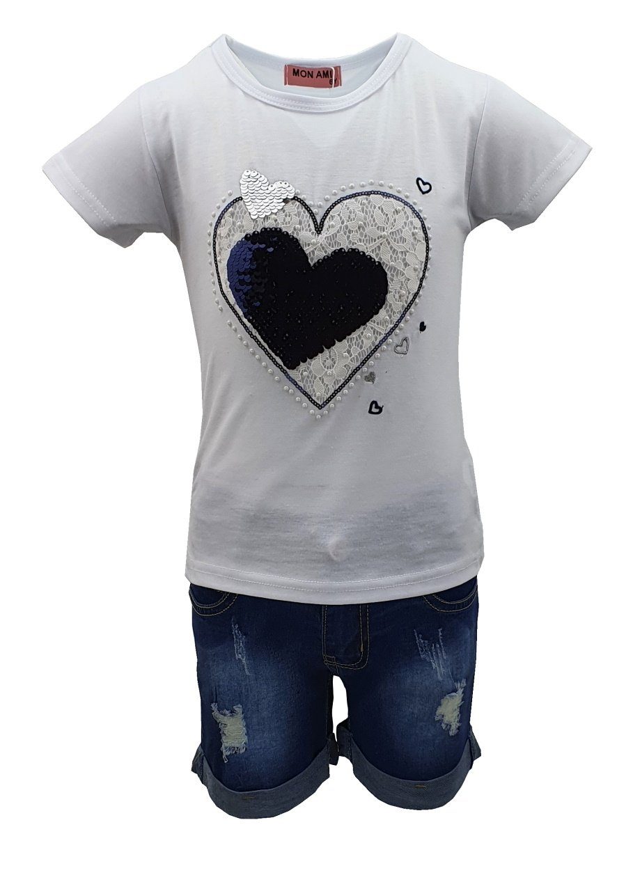 & Weiß Bermudas T-Shirt T-Shirt Shorts, + MS2024 Girls Jeans Sommer Fashion Mädchen Set,