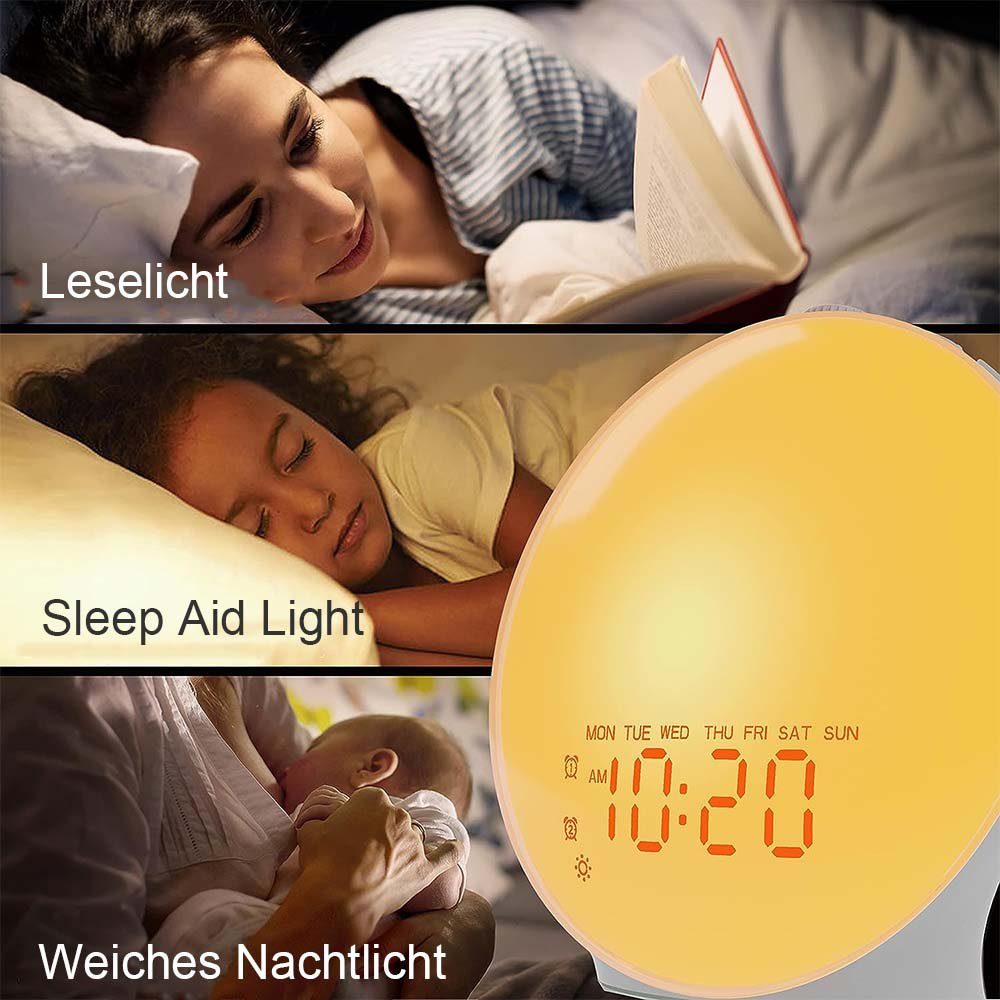MOUTEN Wecker 14 Töne, Nachttischwecker Schlaf-Nachtlicht simulierter Farben, 7 mit Schlafhilfe-Doppelwecker Elektronischer