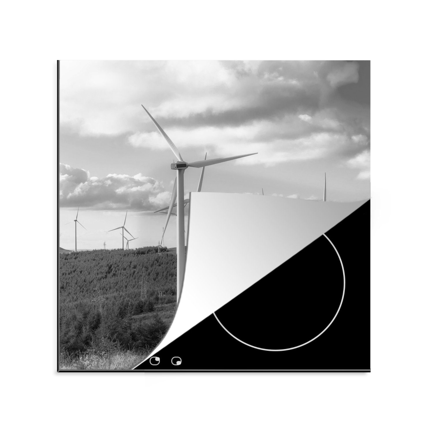 MuchoWow Herdblende-/Abdeckplatte Windrad - Straße - Schwarz - Weiß, Vinyl, (1 tlg), 78x78 cm, Ceranfeldabdeckung, Arbeitsplatte für küche