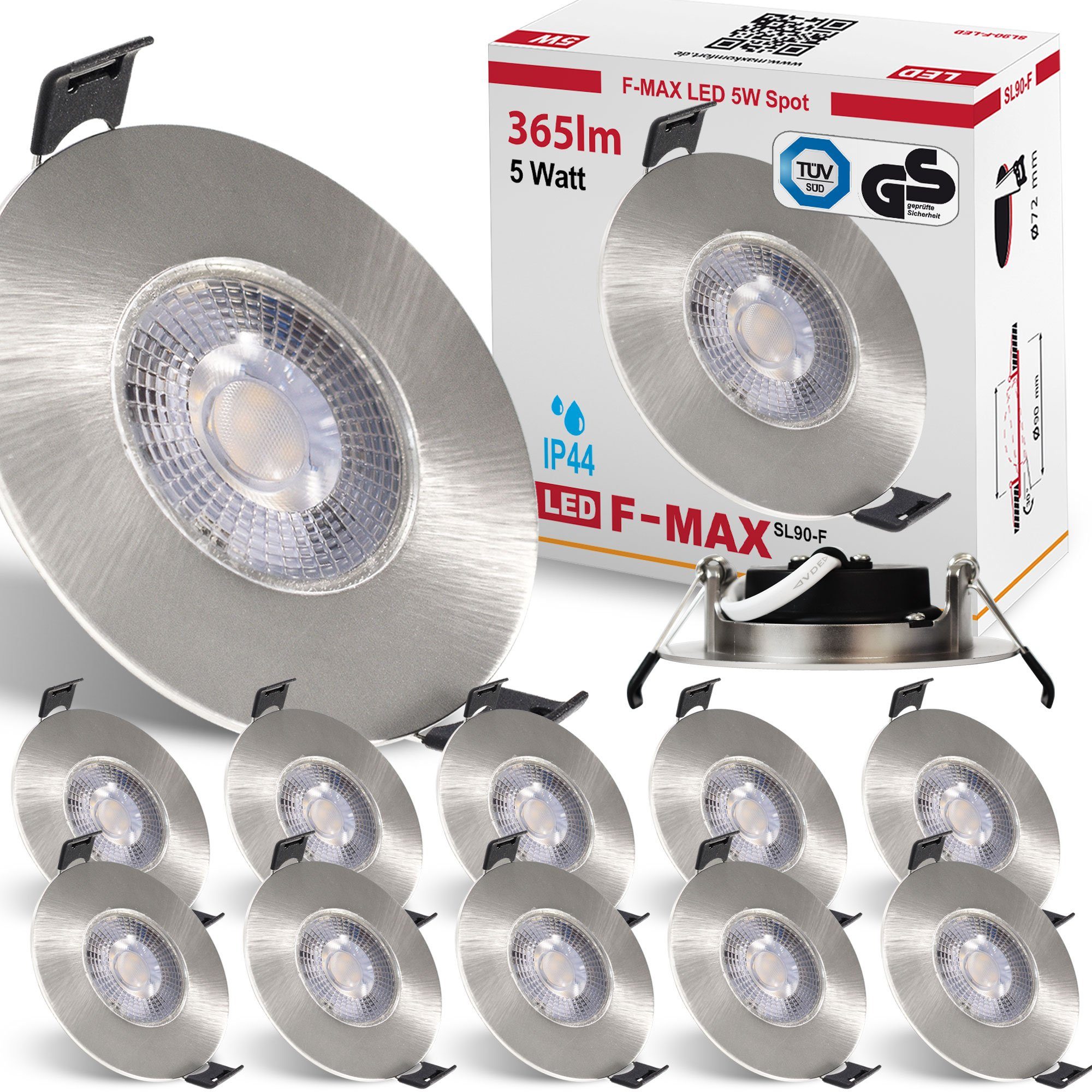 Maxkomfort LED Einbaustrahler F-Max IP44, LED fest integriert, 3000K, Warmweiß, Einbauspot, IP44, Spot, 3-Stufen Dimmbar, Warmweiß, Flach, Rund