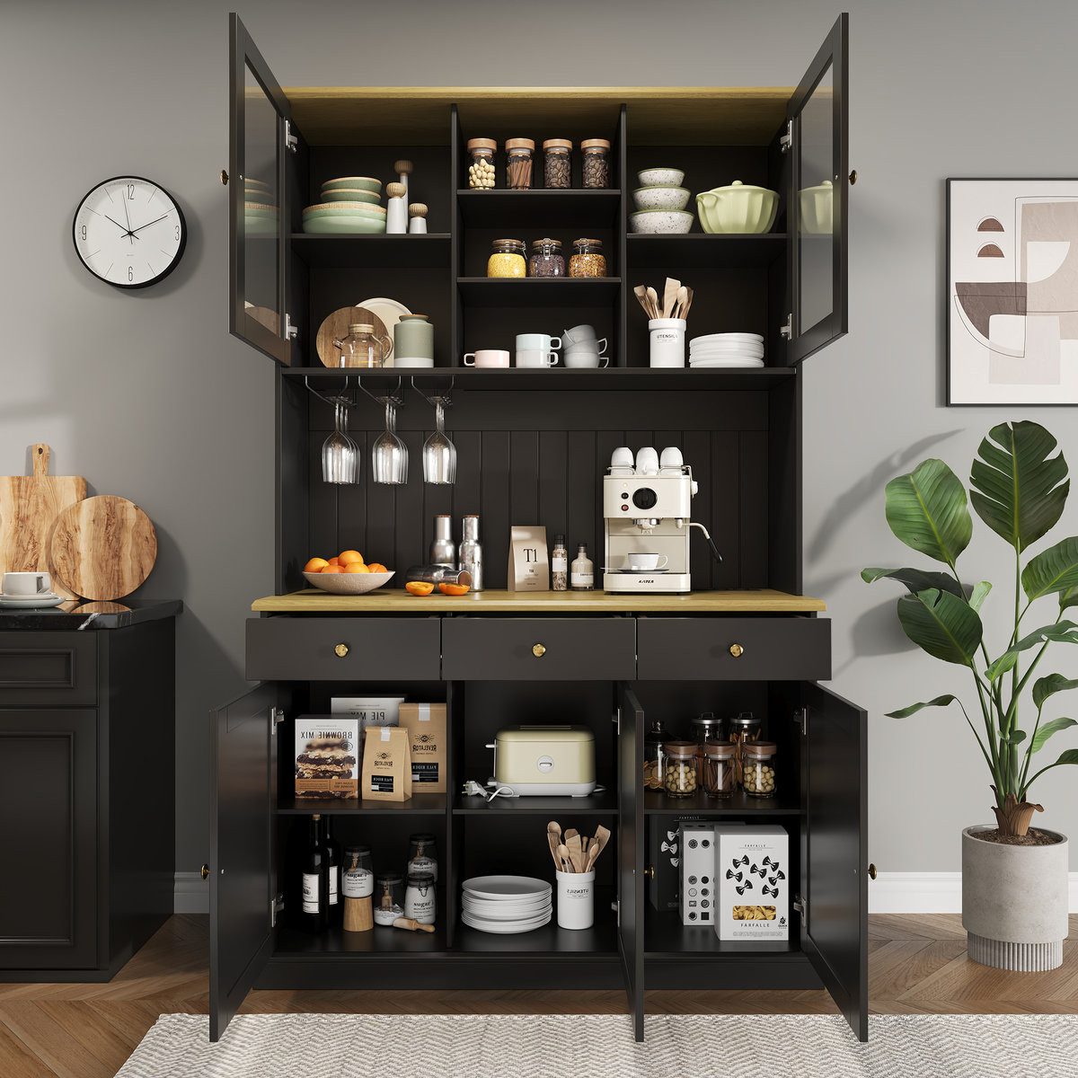 Odikalo Küchenbuffet Küchenschrank Buffetschrank mit USB, Glastüren, Gläserhalter (Buffetschränke, Esszimmer-Hochschrank 120×40×191 cm, mit mehrstufigem Stauraum, integrierter Steckdose sowie USB-C- und USB-A-Anschlüssen)