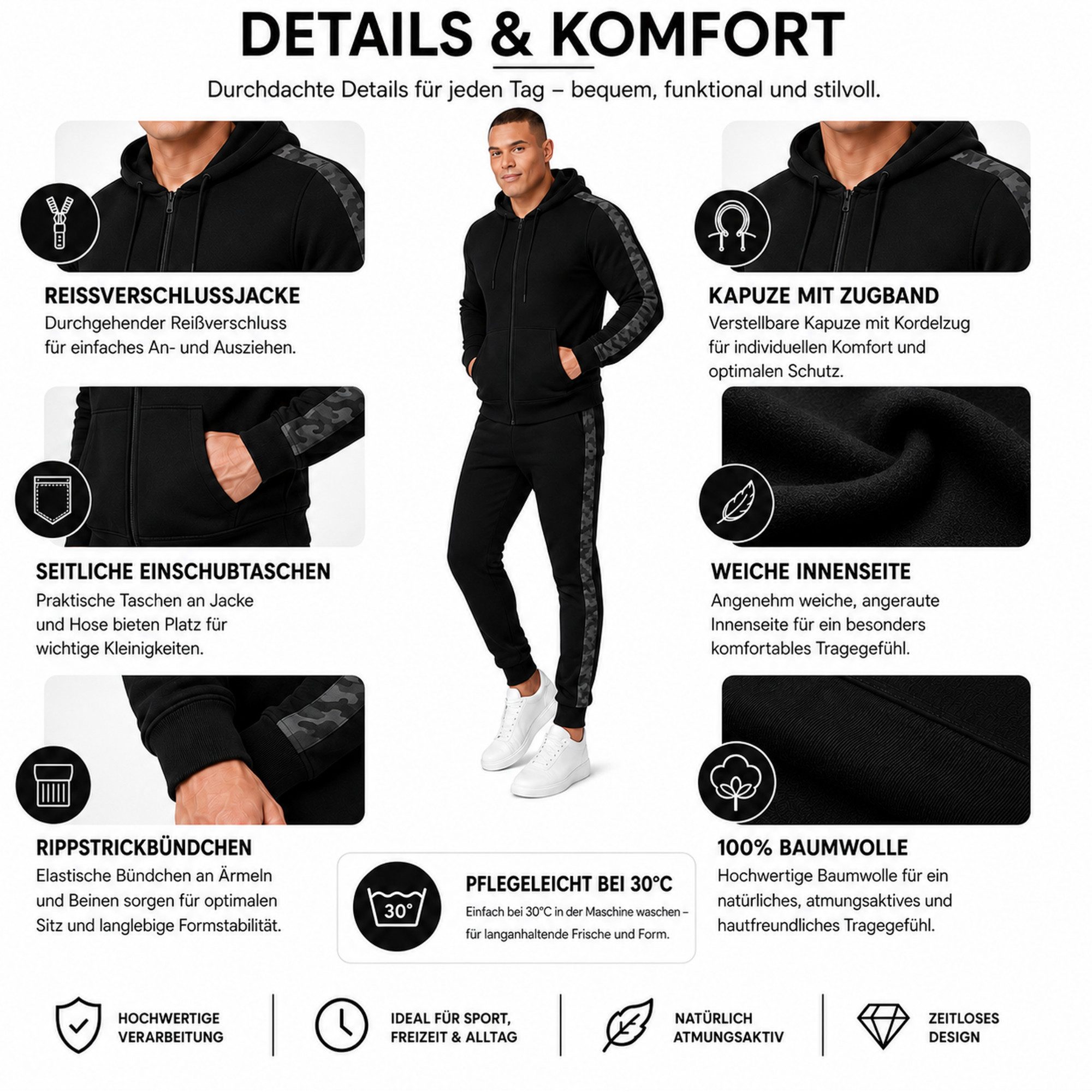 L.gonline Freizeitanzug Herren Jogginganzug einfarbig 100% BW 586 Camouflage L (Kapuzenjacke mit Reißverschluss, Hose, 2-tlg), Fitness Freizeit Casual