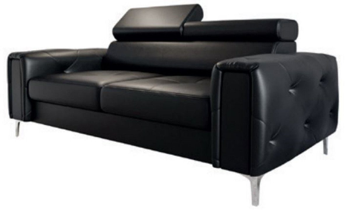 Casa Padrino Sofa Luxus Leder Sofa Schwarz / Silber 185 x 97 x H. 78-99 cm - Naturleder Wohnzimmer Sofa mit verstellbaren Kopfstützen - Wohnzimmer Möbel - Leder Möbel - Luxus Möbel