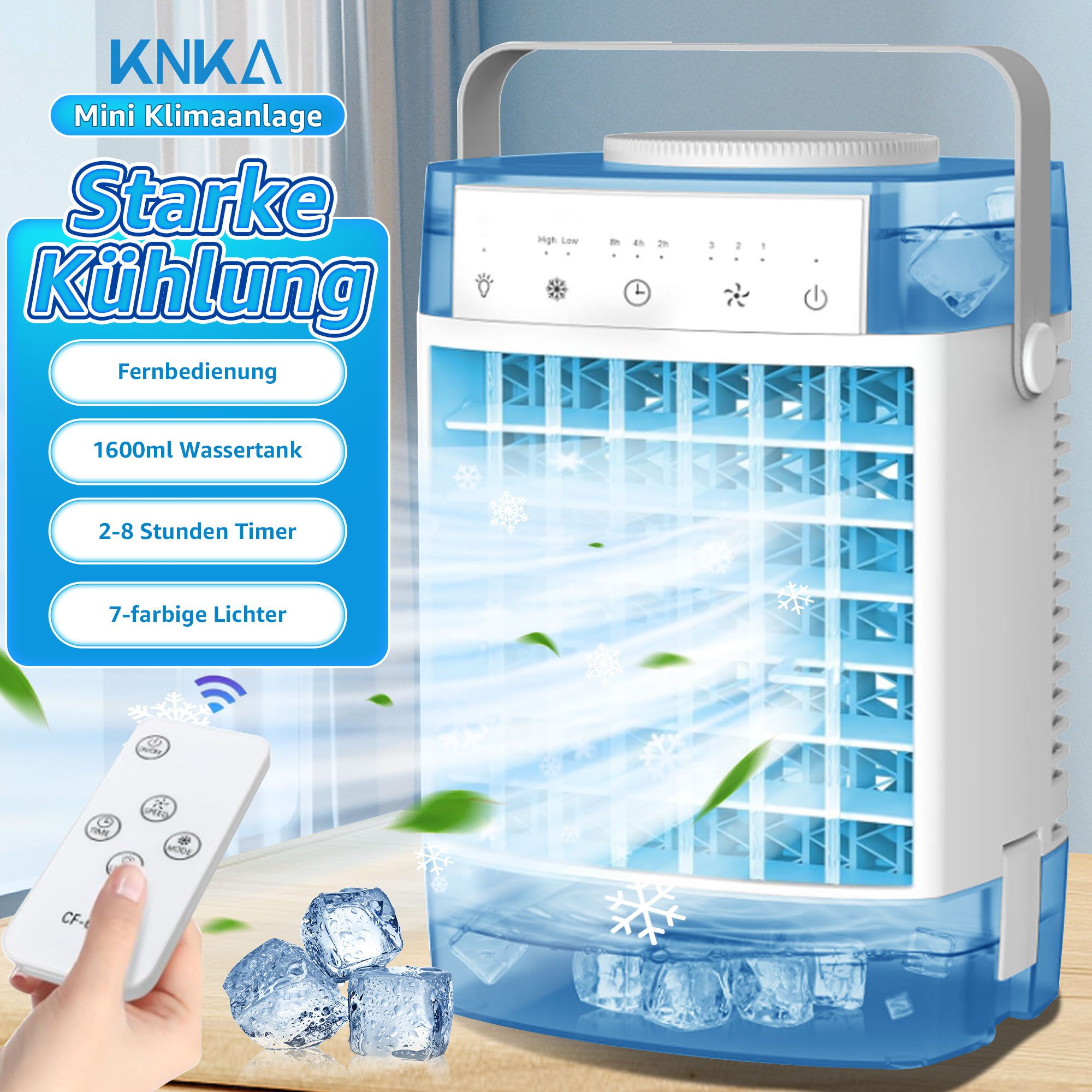 KNKA Ventilatorkombigerät, Mobile Klimaanlage, Tragbarer Luftkühler, Fernbedienung, Timer, 1600ML