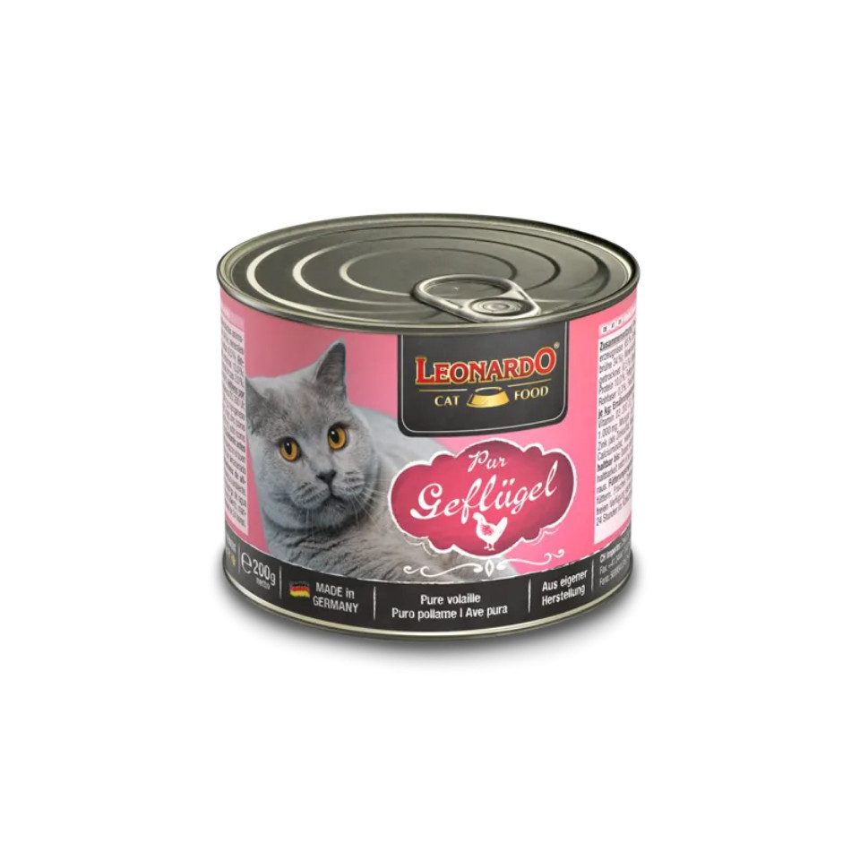 Leonardo Catfood Geflügel Pur - hochwertiges Nassfutter ohne Getreide & Zucker 6x200g, Nassfutter für: Katzen
