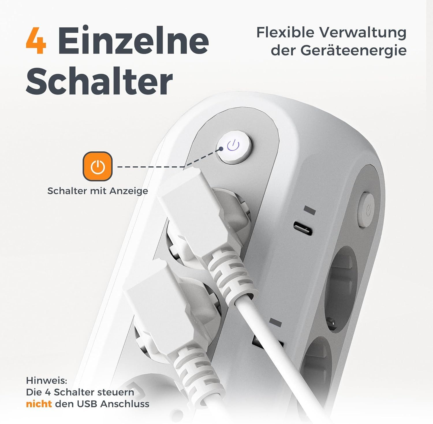 TESSAN 12 Fach Mehrfachsteckdose mit 3 USB(2 USB-A/1 USB-C) Kabel 2/5m Mehrfachsteckdose (USB-Anschlusse, Ein-/Ausschalter, Kabellänge 5 m)