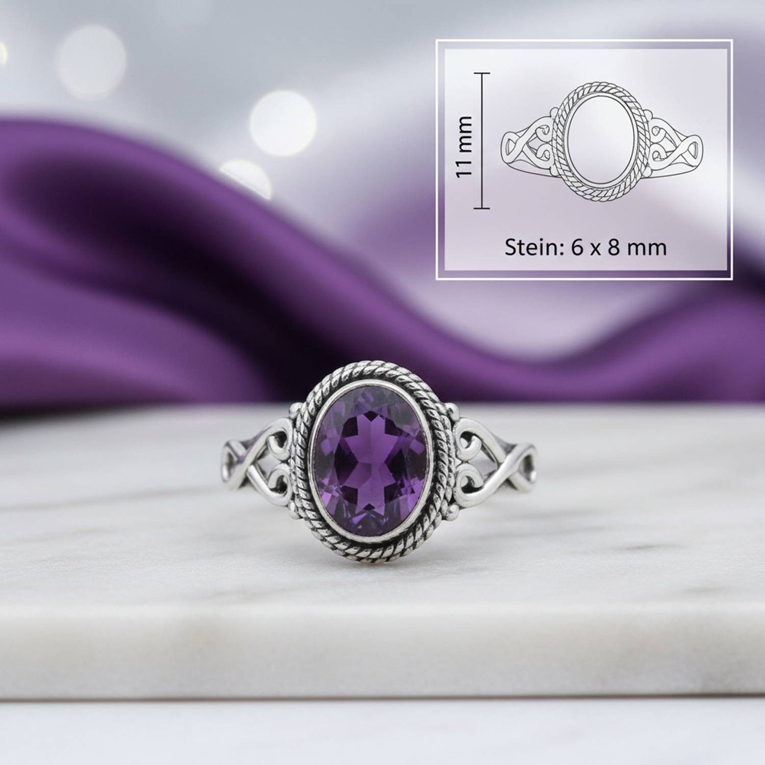mantraroma Silberring BAGHIMI oval aus 925 Silber mit Amethyst facettiert (Ring mit Schmuckbeutel), Damenring aus 925er Silber
