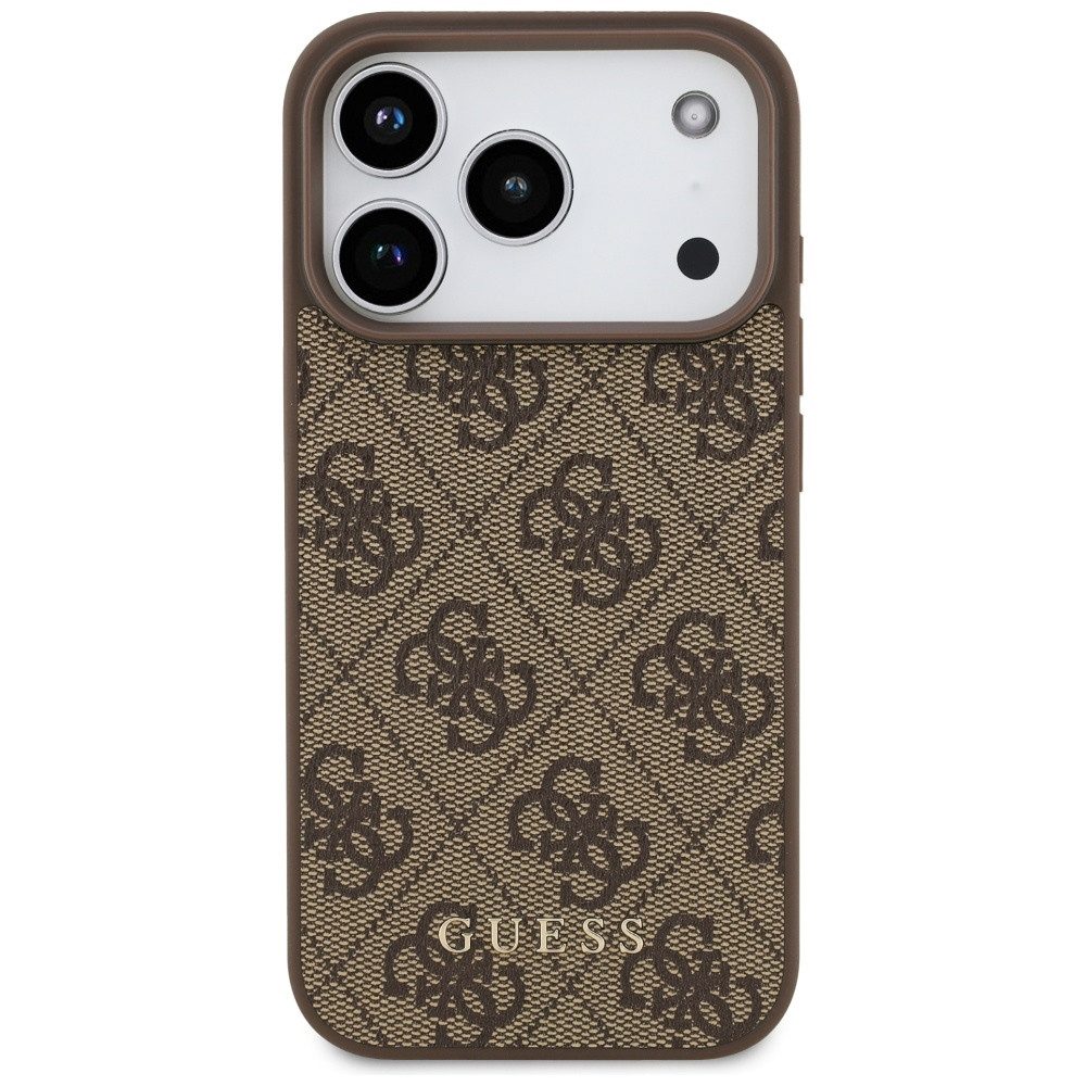 Guess Handyhülle Case iPhone 17 Pro Classic Kunstleder braun Logo goldfarbig 6,3 Zoll, Kantenschutz