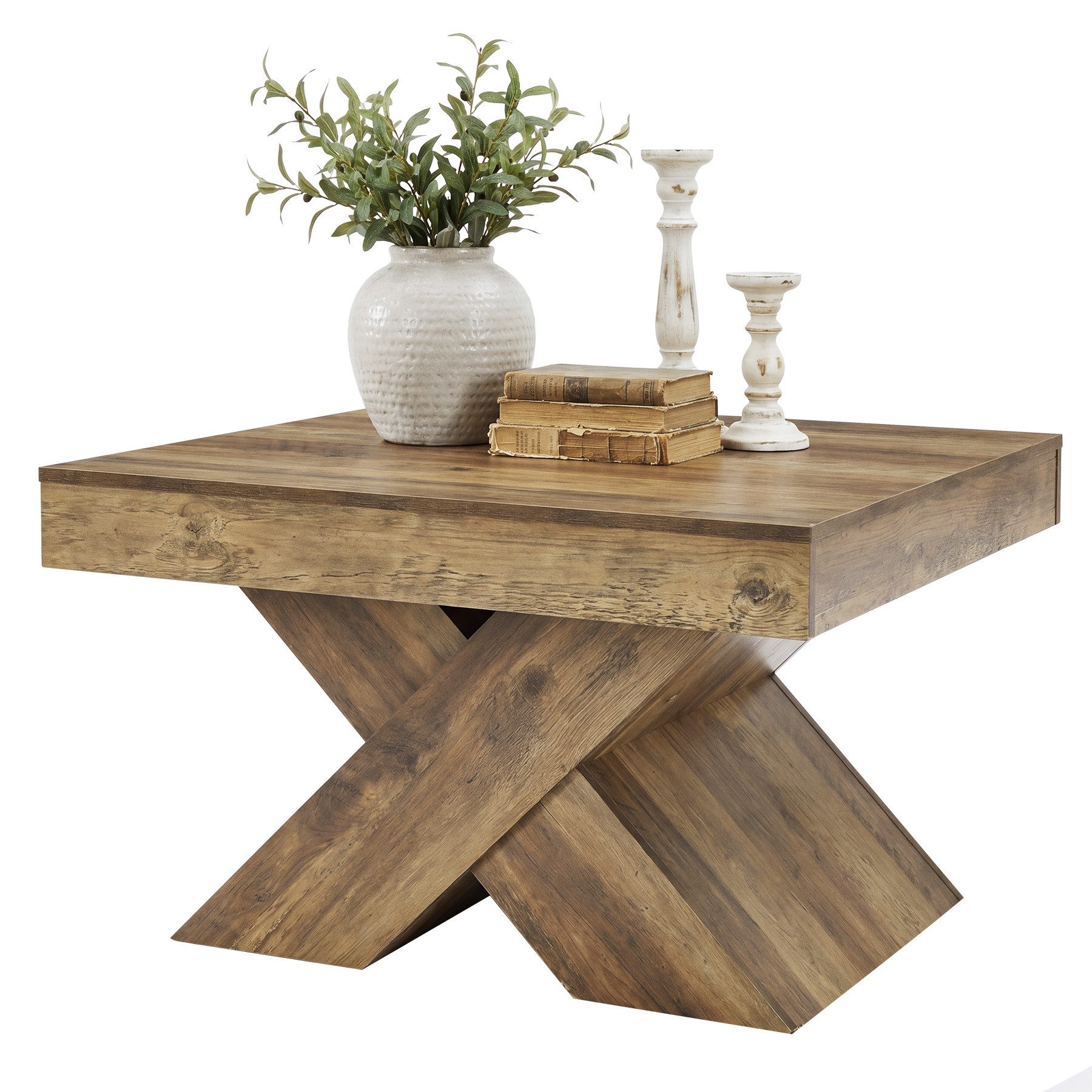 Tribesigns Couchtisch 80 cm Wohnzimmertisch aus Holz mit X-Gestell, rustikaler Beistelltisch