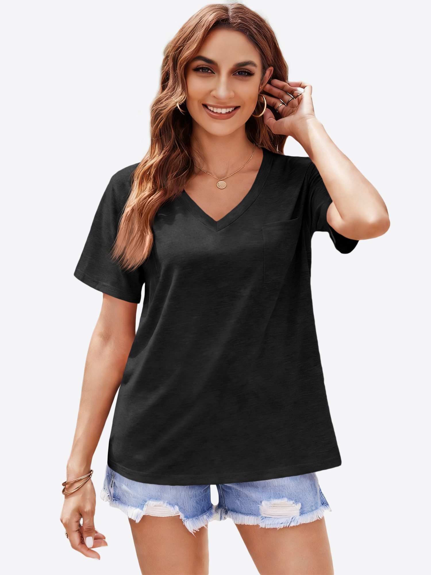 Imily Bela T-Shirt Damen Kurzarmshirt mit V-Ausschnitt (Packung, 1-tlg., 1per-Pack) Brusttasche