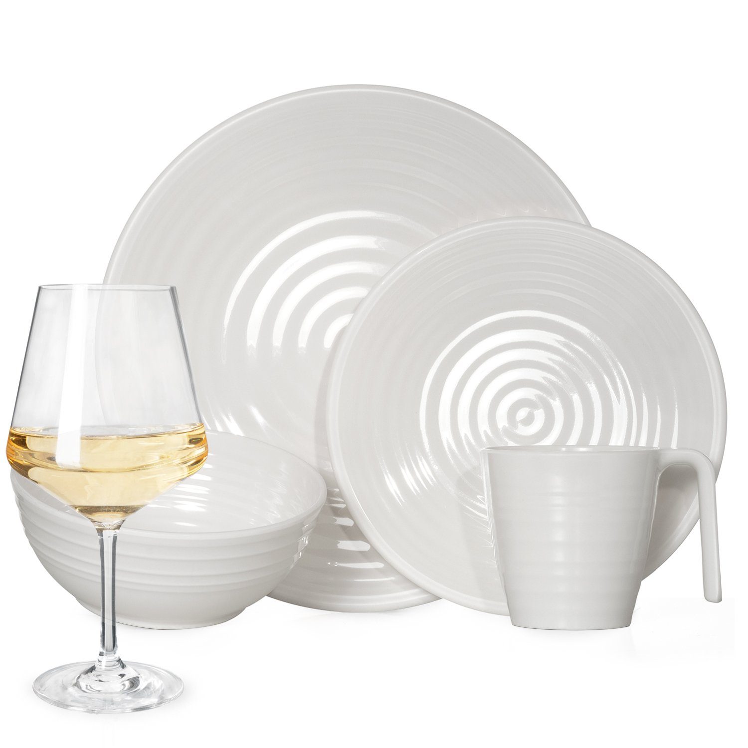 Moritz Geschirr-Set Camping Geschirr Crema + Gläser, Melamin, 16 - 32 tlg, Geschirrset Campinggeschirr Picknick Set 4 Personen