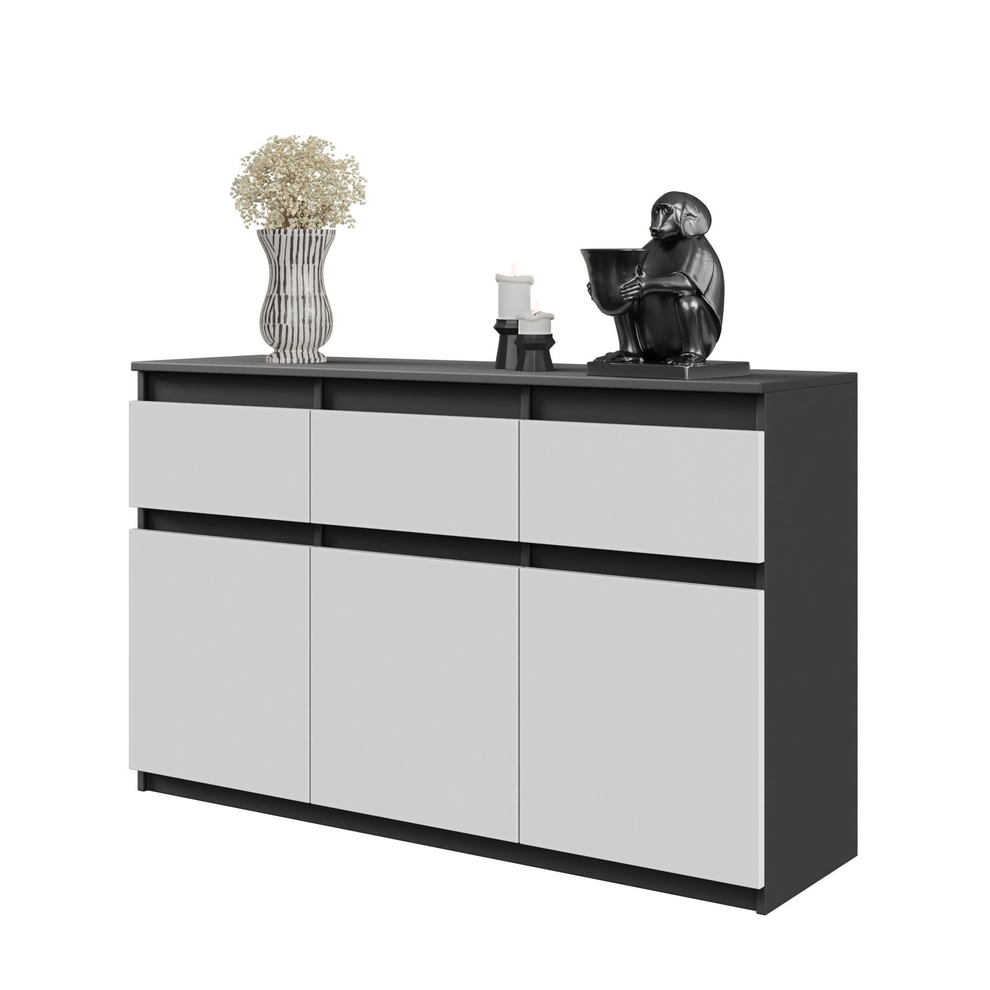 Furnica Kommode NOAH, 3 Schubladen und 3 Türen - Anthrazit Grau H75cm B120cm T35cm