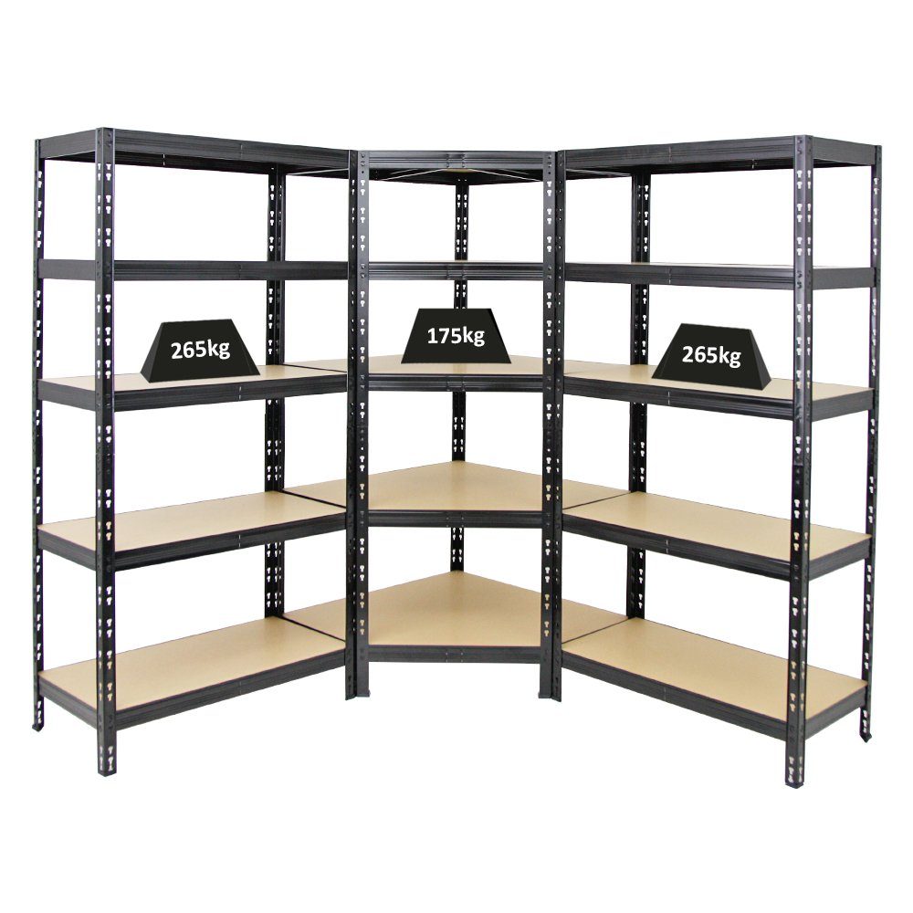 PROREGAL® Eckregal MegaDeal Tiger 1x Eckregal + 2 Stück 180x90x45cm Schwarz, Fachlast von 175 kg beim Eckregal und 265 kg bei den Standregalen