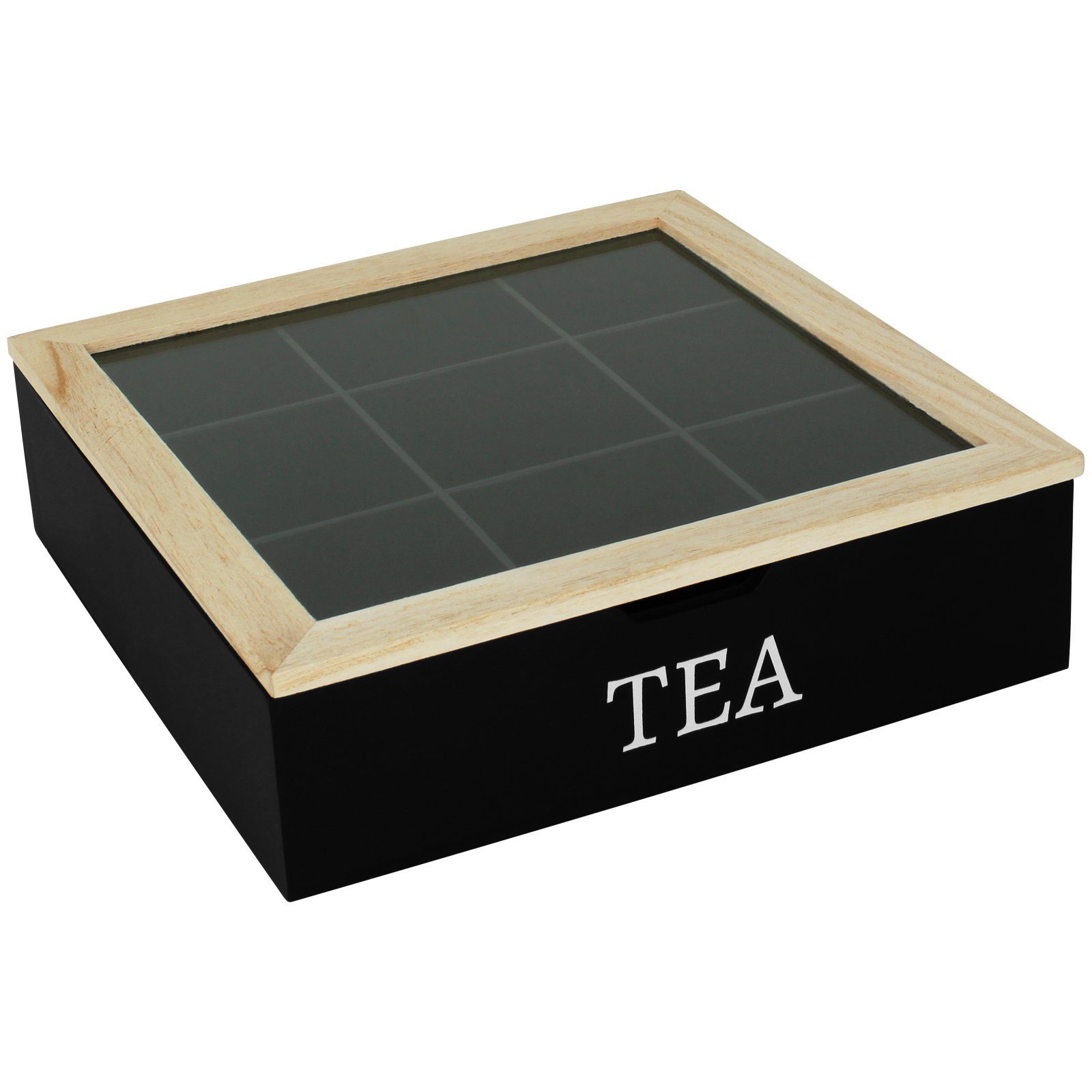 Koopman Teebox Teekiste 9 Fächer Eingriff TEA Farbwahl Teekasten Teebeutelbox, Tee Dose Kiste Box Tee-Beutel Teesorten Teebeutel Holzteebox Holz Schwarz