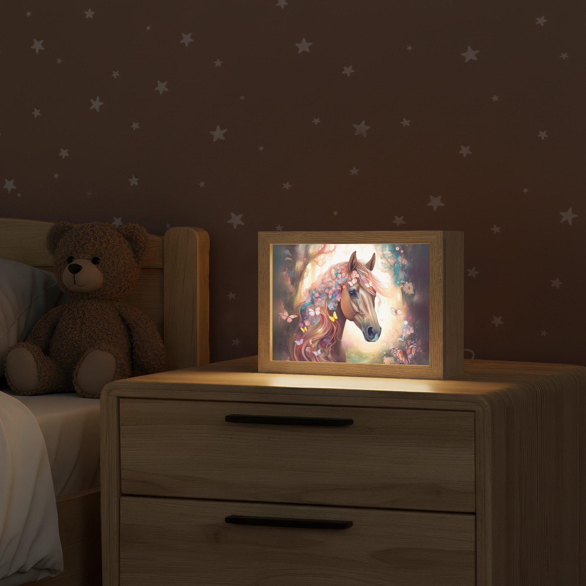 OnlyWow Nachttischlampe Lightbox Pferd - Natur - Blumen - Schmetterlinge - Wald - Mädchen, Dimmbar, Farbwechsel, LED, Warmweiß, Kaltweiß, Neutralweiß Einstellbar, Nachtlicht, Kinder- und Babyzimmer, Dimmbar, mit Kabel, Tischleuchte