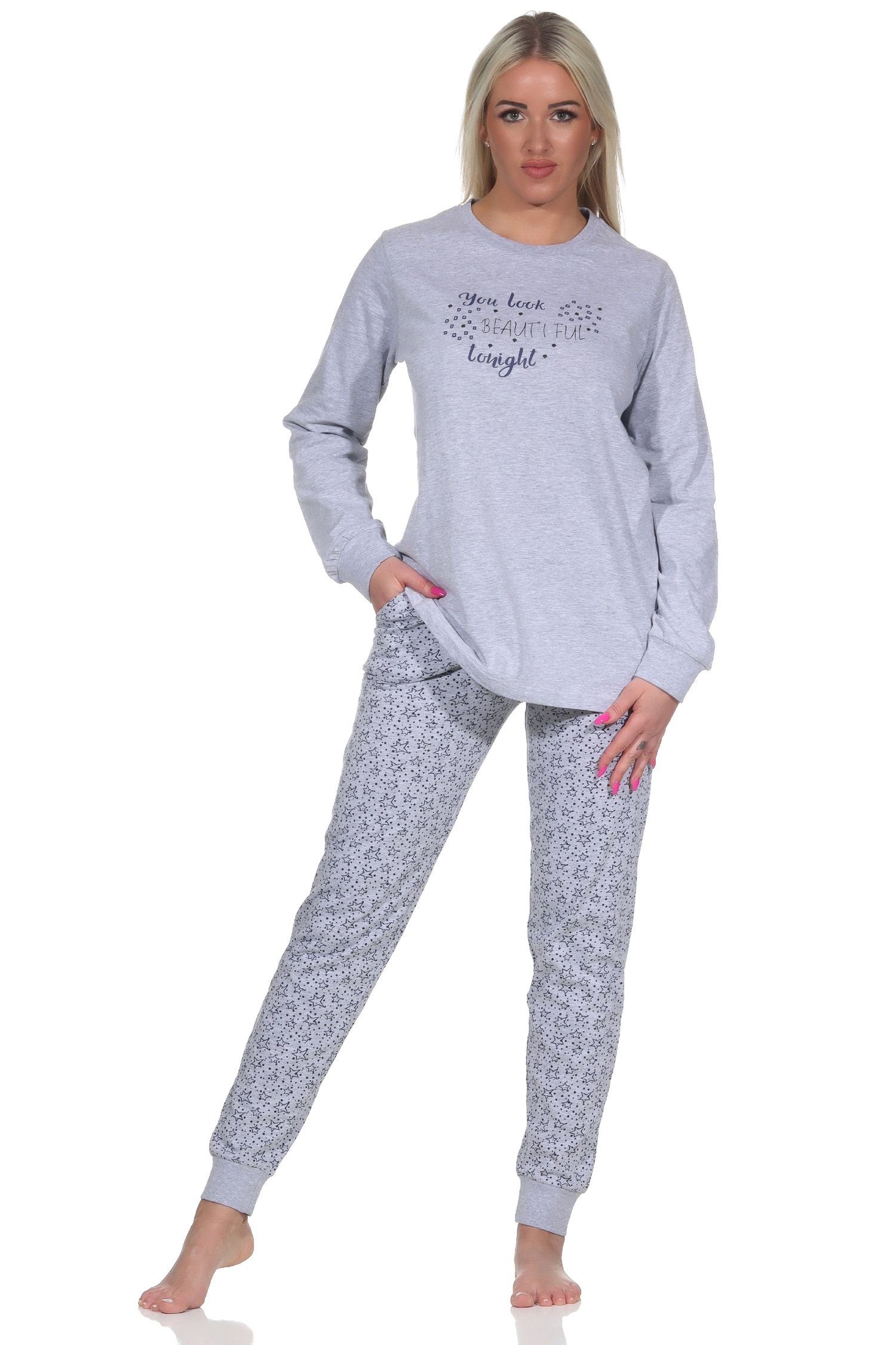 Normann Pyjama Damen Schlafanzug langarm mit Bündchen in Sterne Optik grau-melange