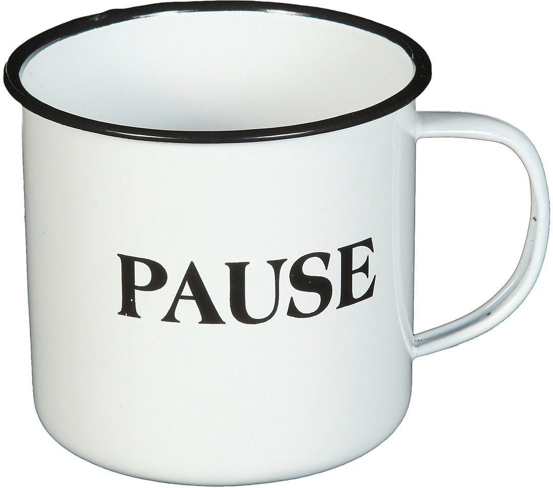 Ambiente Haus Tasse Becher PAUSE aus Emaille in Antikweiß, 1-tlg., Emaille
