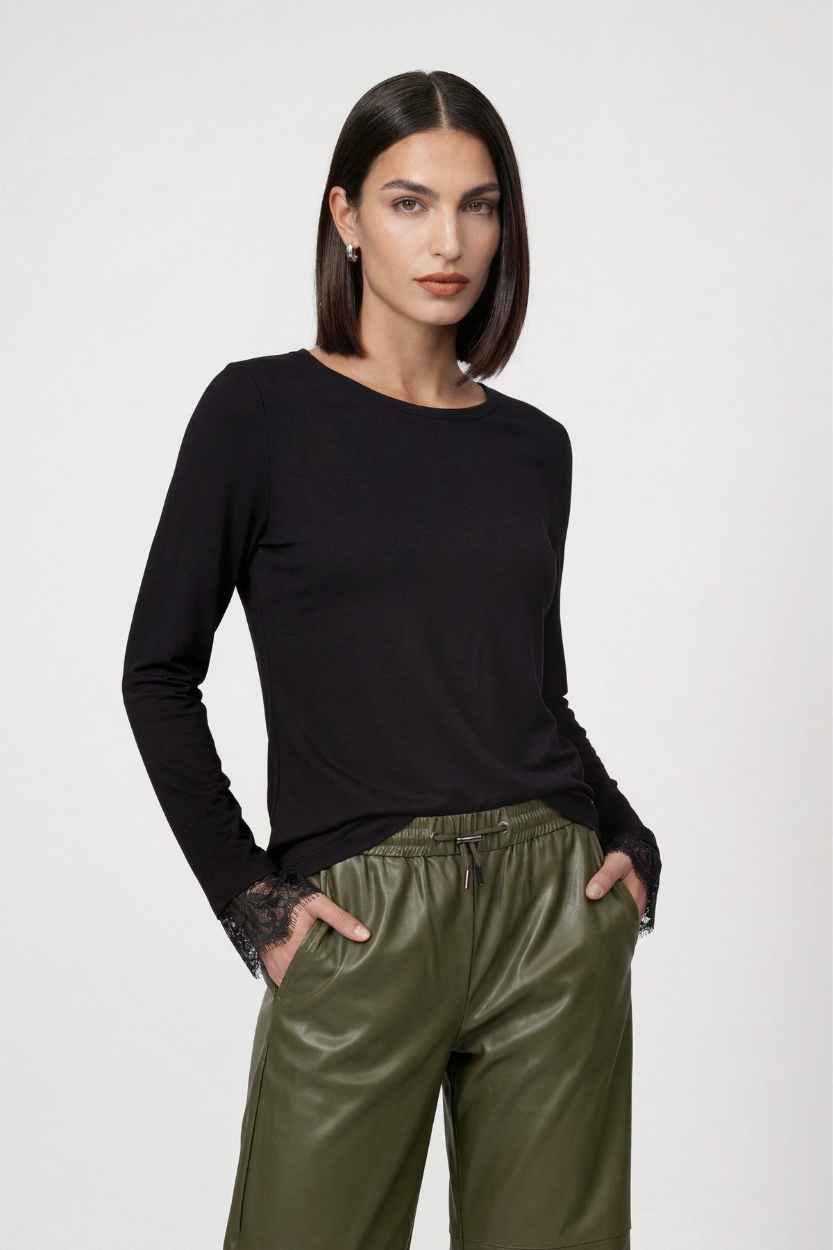 Monari Langarmshirt Shirt Basic Spitzendetail Regular fit mit Spitzenborte