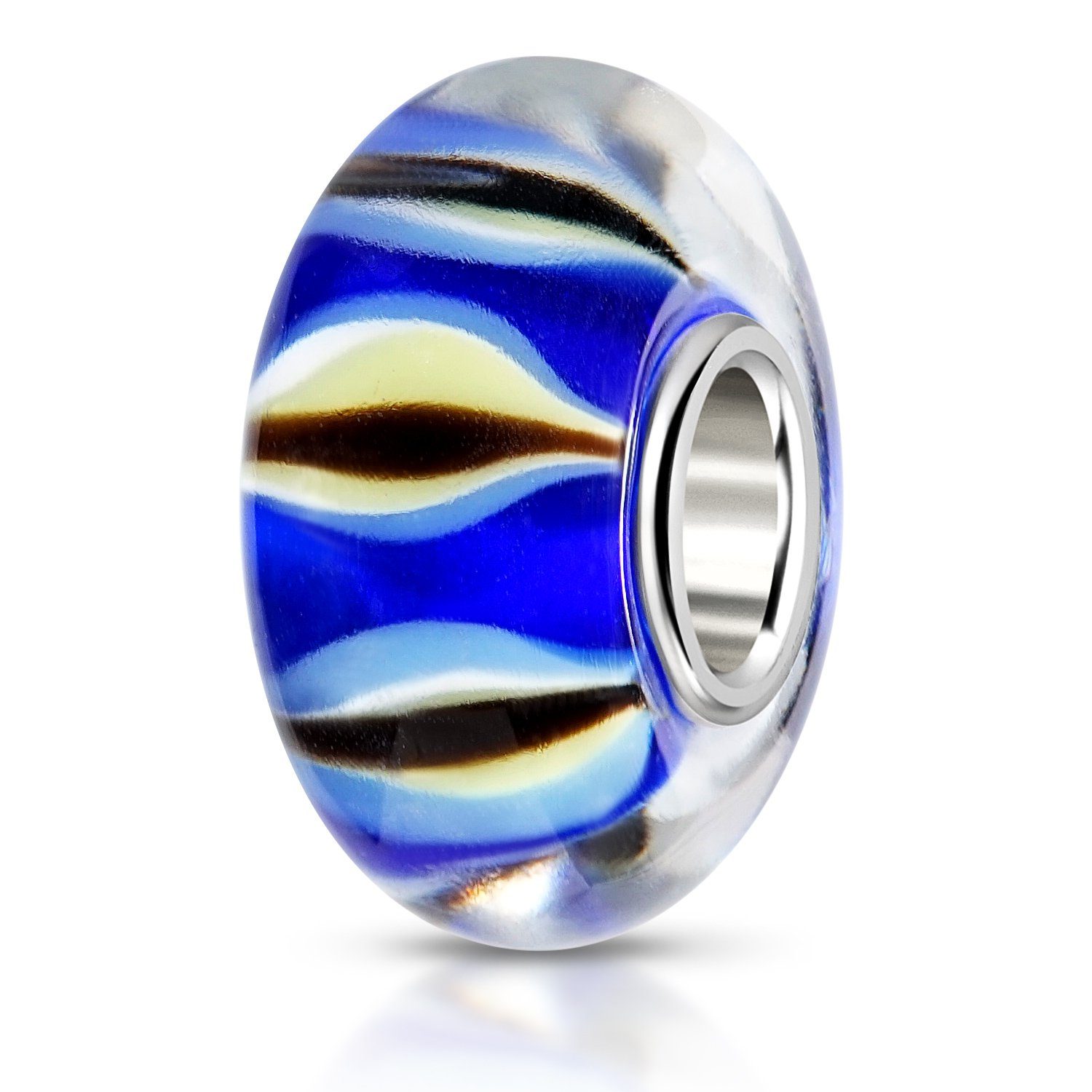 Silber Materia Blau Weiß Gelb Bead 522, Kern Streifen Glasperle Sterling 925 Muster aus