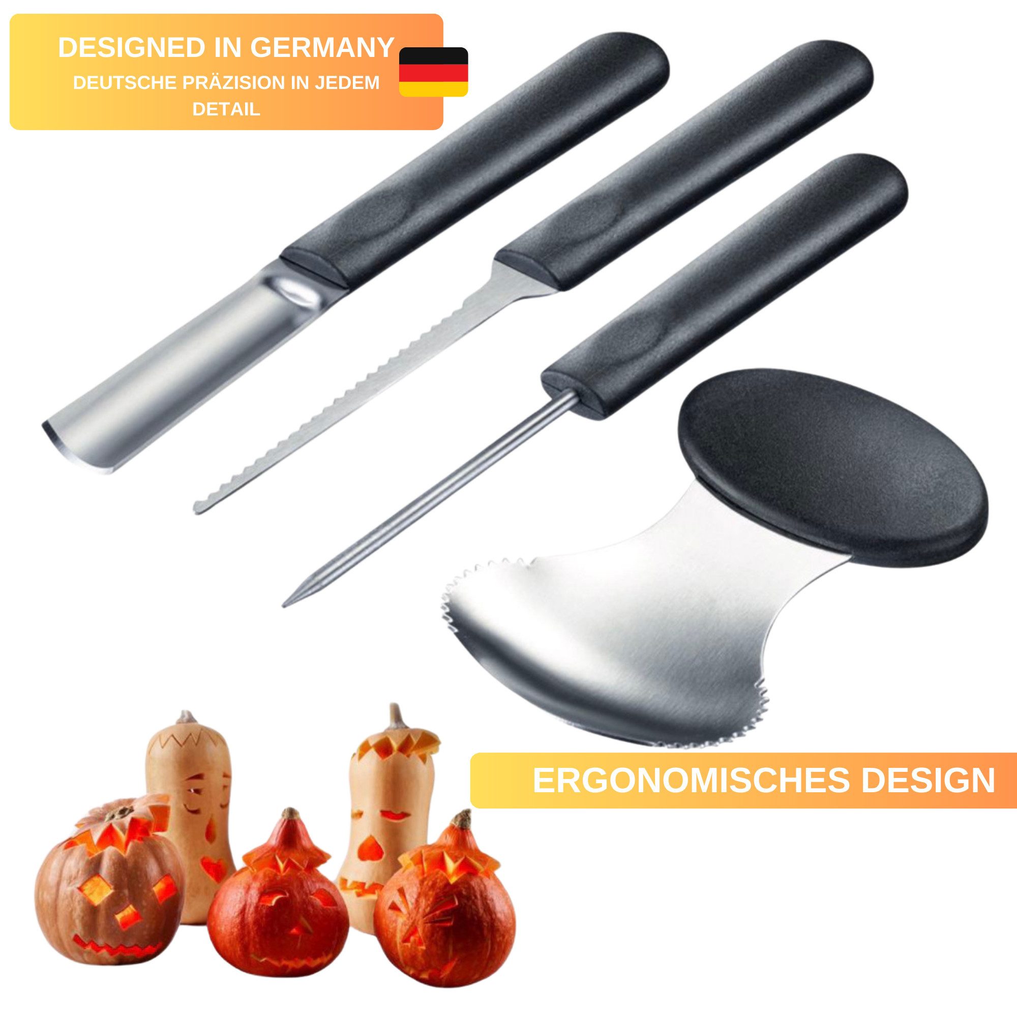 Thiru Tranchiermesser Kürbis Schnitz-Set - Halloween 4-tlg. - Edelstahl - inkl. Vorlagen
