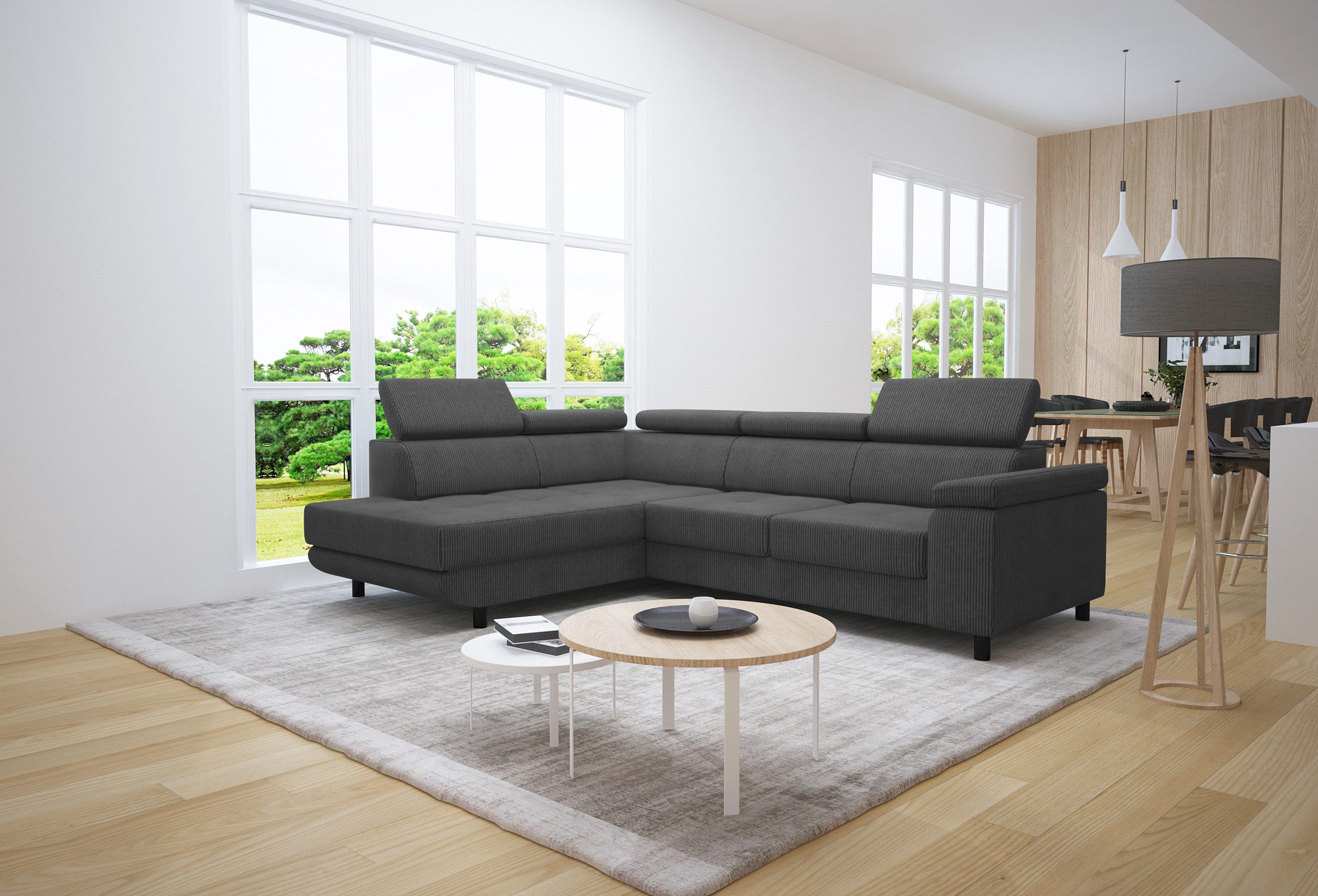 thematys Ecksofa LUNA L mit Schlaffunktion & Bettkasten – aus Velours oder Cord Stoff, mit 5 verstellbaren Kopfstützen, – L-Form 250×183 cm – Schlafsofa mit Auszug