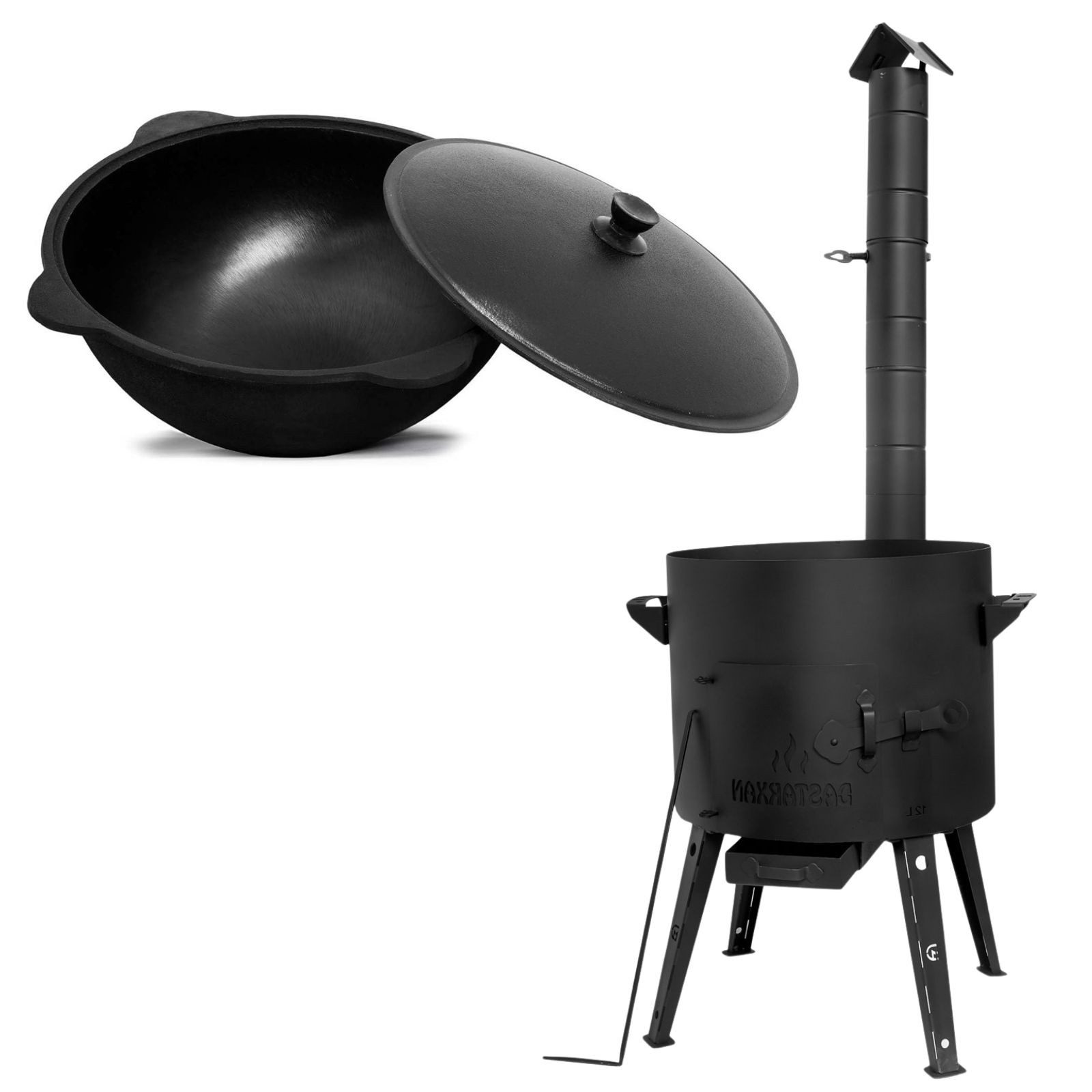 4BIG.fun Feuerstelle Uchag Ø44 mit Abzugsrohr NAMANGAN Kazan 16L Kasan Utschak Außenküche, (Utschag Uchak Kasan Учаг Казан Außenküche Eintopfofen), ca. 2 mm Stahl