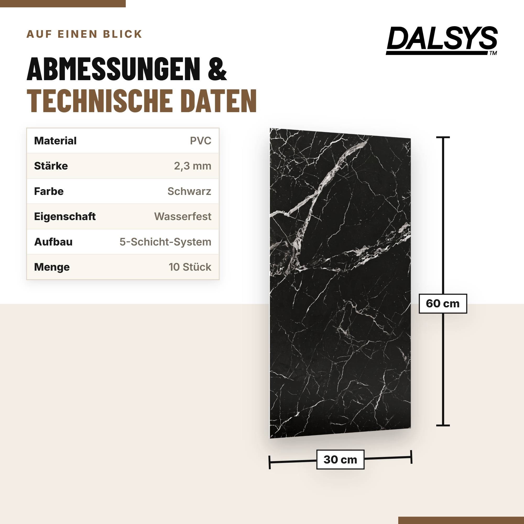 Dalsys Wandpaneel Wandverkleidung selbstklebend aus PVC, BxL: 30x60 cm, (60x30cm Marmoroptik Schwarz, 10-tlg., flexible Wandverkleidung Badezimmer wasserfest) 2 – Bild 2 von 5