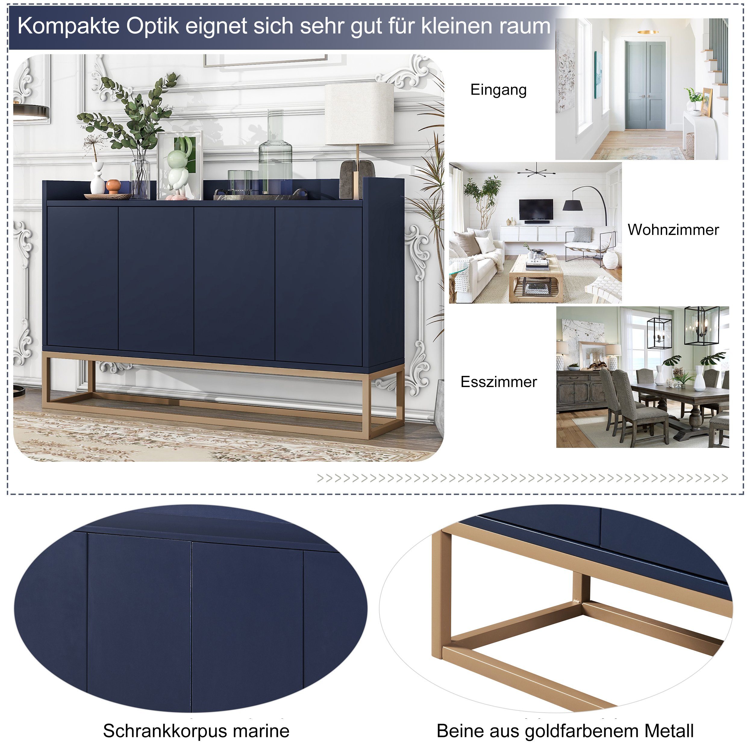 4-türiger im Sideboard (griffloser Esszimmer, für minimalistischen Stil Anrichte Wohnzimmer, Küchenschrank, blau WISHDOR Küche) Modernes Buffetschrank
