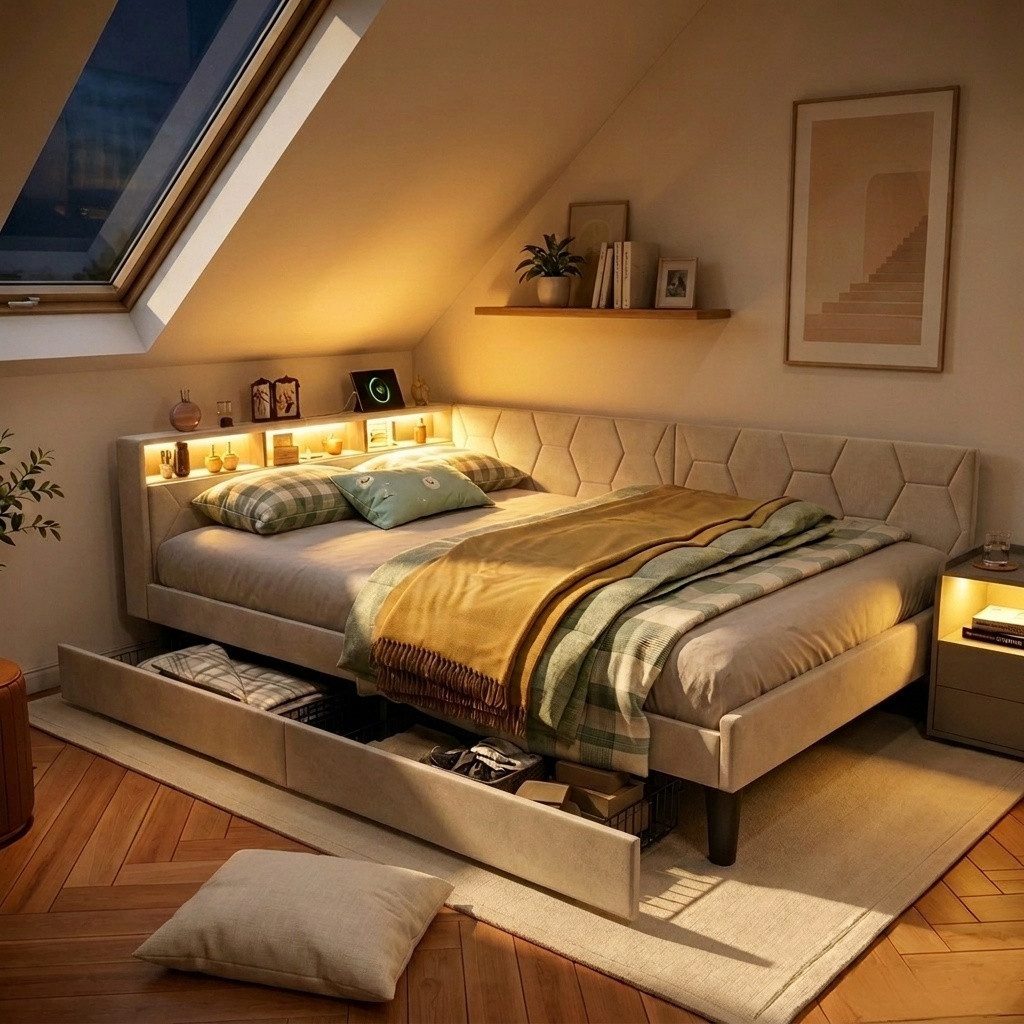 PXloue Polsterbett Daybett Tagesbett Ausziehbett (LED) (Samtstoff) (1-tlg., LED-Beleuchtung, Ladestation, in 2 Größen verfügbar), 2 Schubladen, Kopfteil Verwandelt sich in ein Bett, 140x200 cm