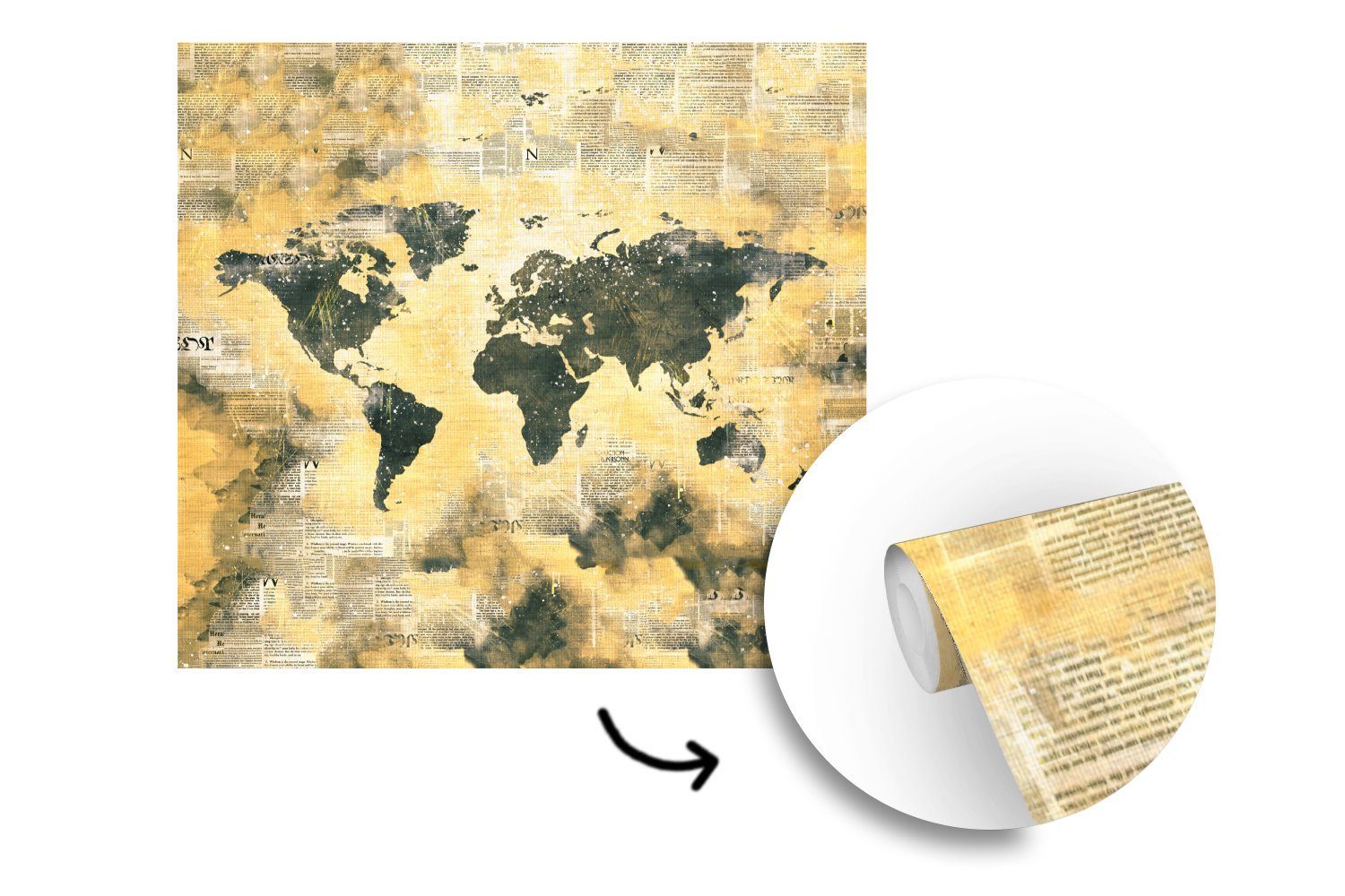 MuchoWow Fototapete Weltkarte - für (5 Matt, Tapete - Wandtapete Wohnzimmer Zeitungen, Vinyl Schlafzimmer, Aquarelle St), oder bedruckt