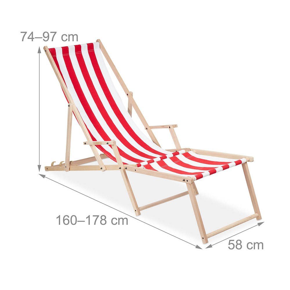 relaxdays Gartenliege 1 Liegestuhl mit Fußteil aus Holz klappbar rot/weiß  gestreift