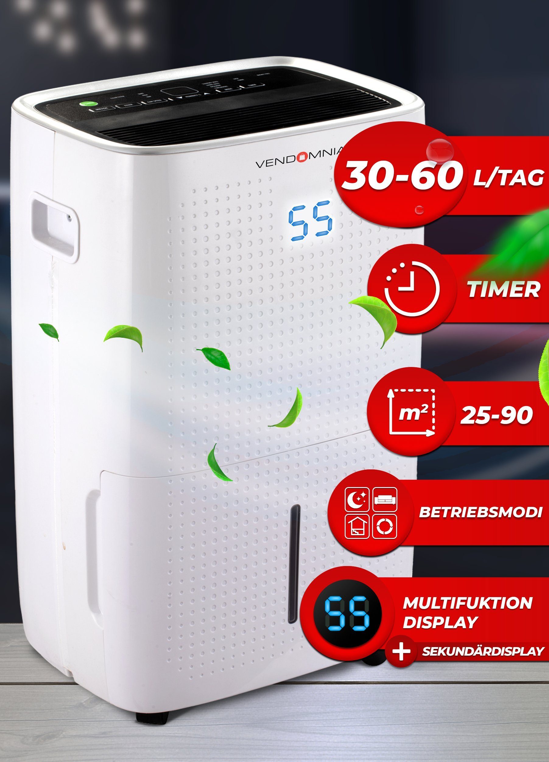 VENDOMNIA Luftentfeuchter Luftentfeuchter 30-60L Bautrockner Raumentfeuchter Entfeuchtungsgerät, 2 Displays elektrisch Timer Auto-Modus