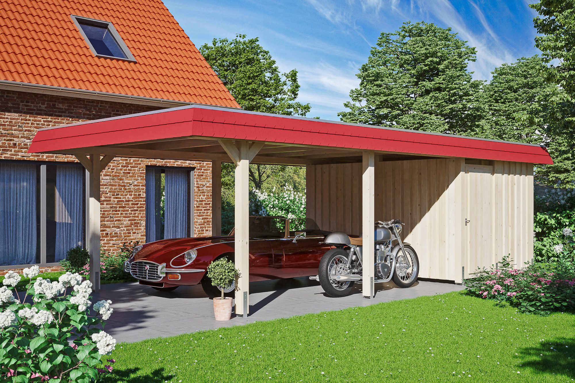 Thumbnail - Skanholz Einzelcarport Wendland, BxT: 409x870 cm, 210 cm Einfahrtshöhe, mit Abstellraum mit Aluminiumdach, rote Blende