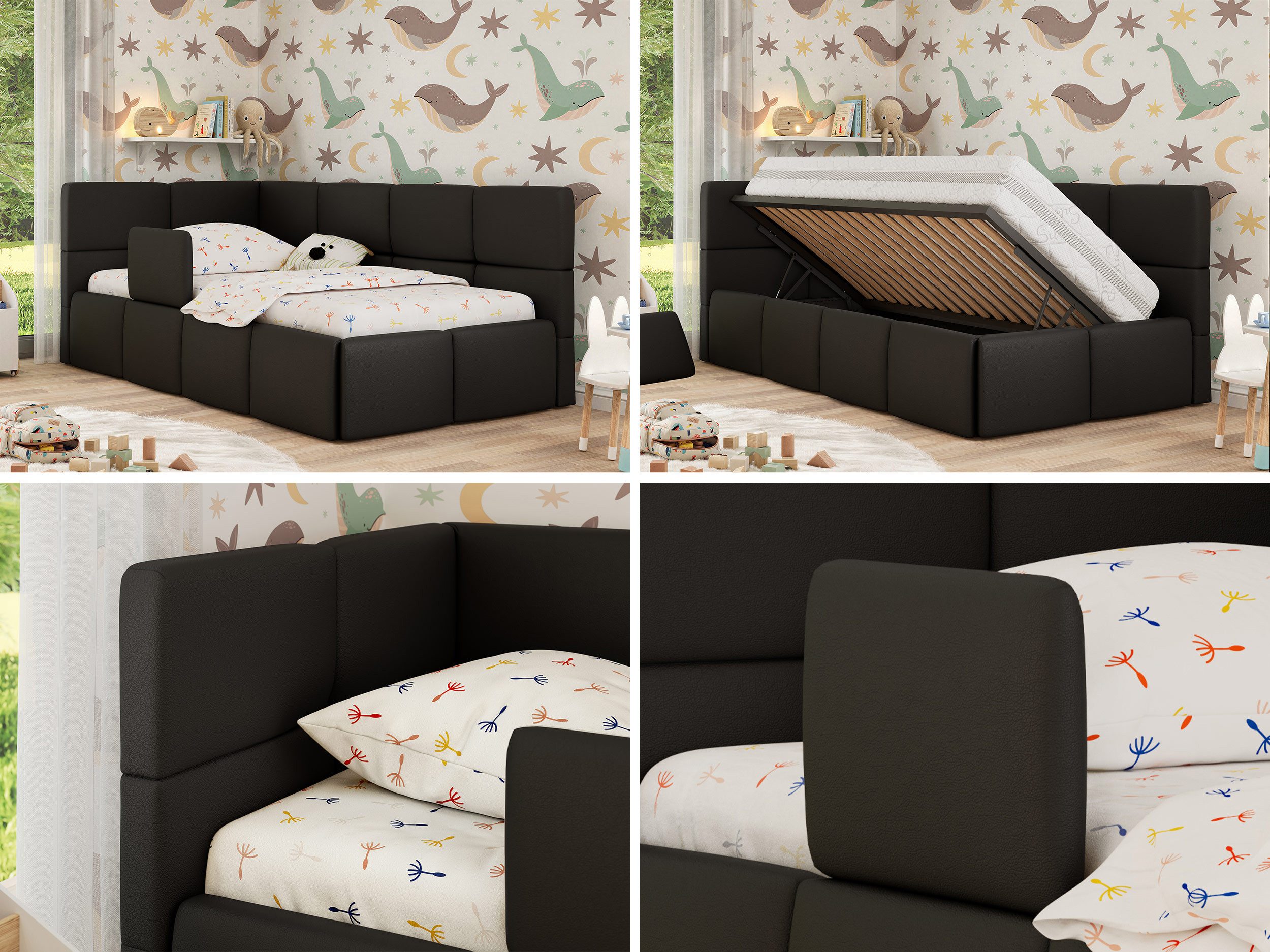 MKS MÖBEL Kinderbett ARVO ALTA (Set, inkl. Lattenrost, Bettkasten, Sicherheitsbarriere & Kopfteil), Eckbett mit Stauraum, Rausfallschutz & Gasdruckfedern