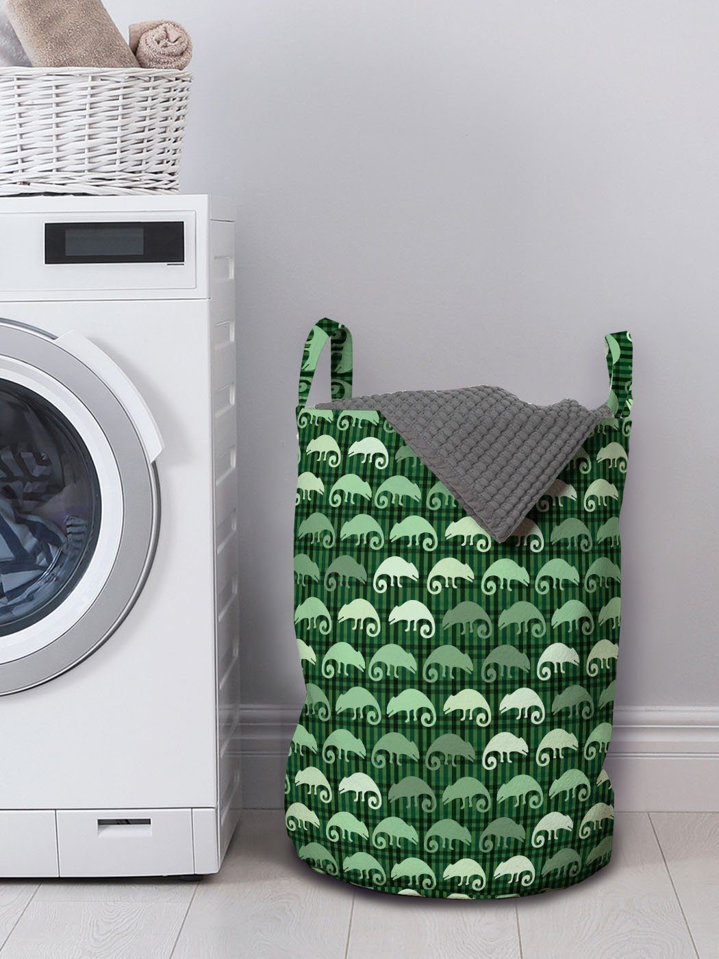 Grüne Griffen Chamäleon für Wäschesäckchen Wäschekorb Kordelzugverschluss Lizards Abakuhaus Monochrome mit Waschsalons,