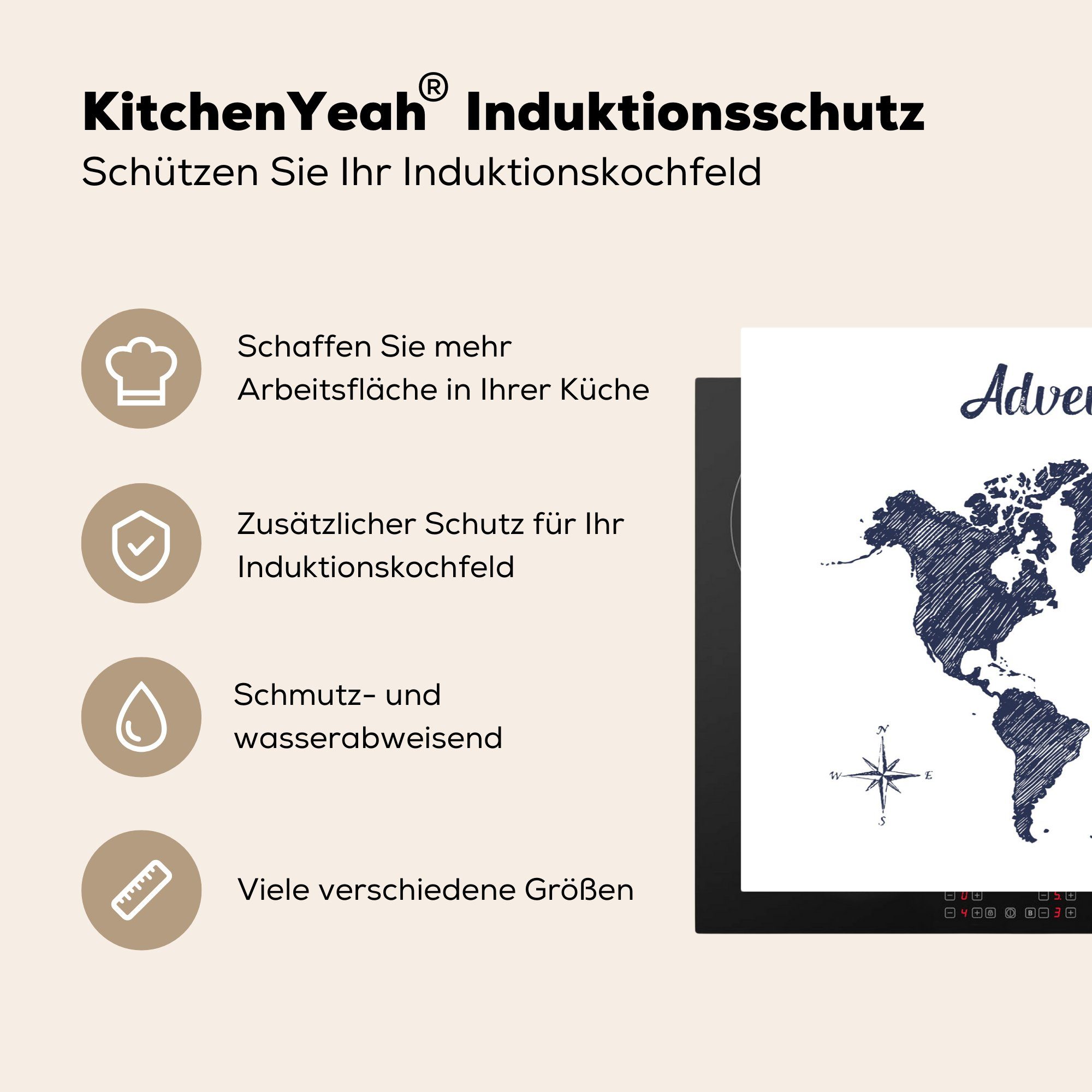 MuchoWow Herdblende-/Abdeckplatte Weltkarte cm, die Vinyl, - Induktionskochfeld Ceranfeldabdeckung Blau für tlg), - küche, (1 Schutz Zitat, 81x52