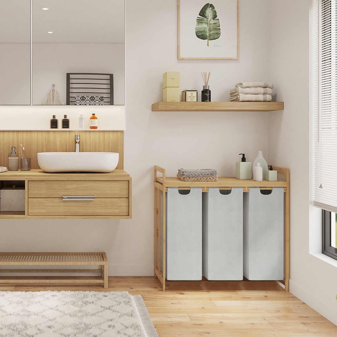 Bellamio Wäschekorb Newa aus Bambus (3 Fächer mit 1 Ablage, Hellgrau 150 L), ausziehbare & abnehmbare Wäschesäcke aus Oxford-Gewebe