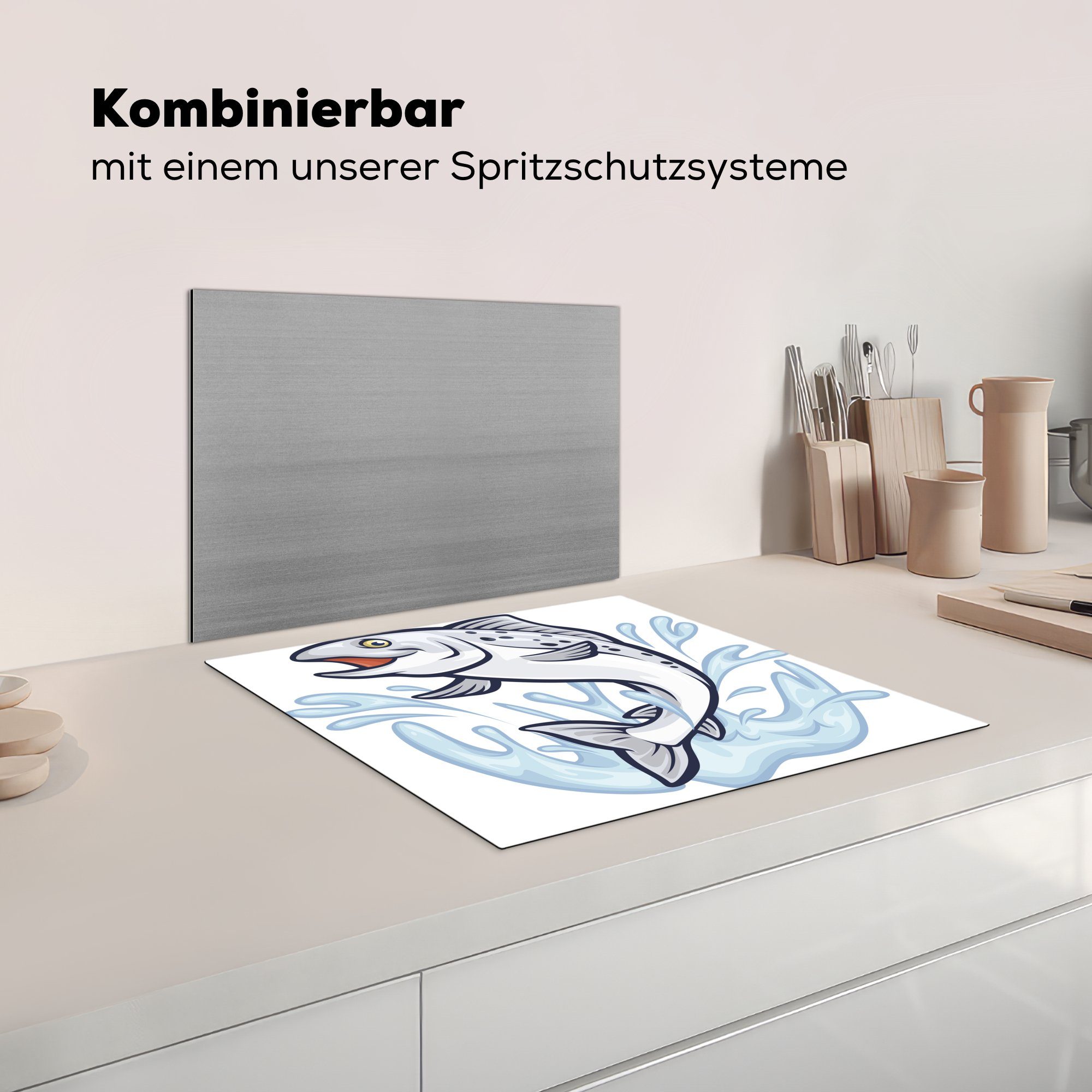 cm, Ceranfeldabdeckung Illustration Fisches 57x51 eines tlg), Induktionskochfeld, im Induktionsschutz, Herdblende-/Abdeckplatte Vinyl, (1 Wasser, MuchoWow