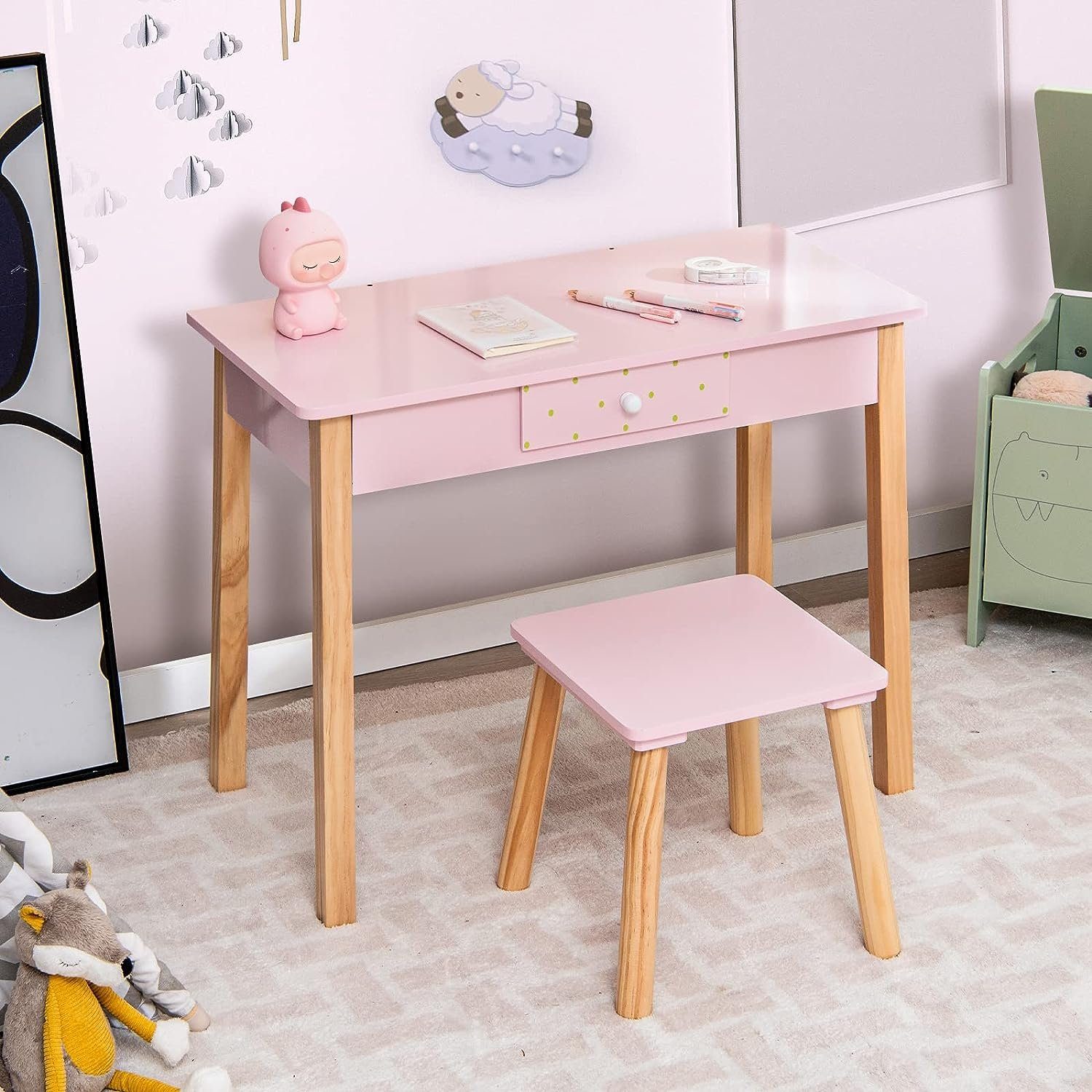 Hocker Spiegel Schminktisch KOMFOTTEU Kinder und (Set), mit