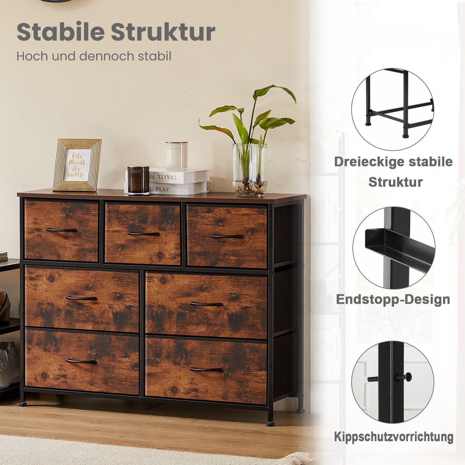 DUMOS Schubkastenkommode Kommode mit 7, 8, 9 Schubladen Stoffkommode mit Stabilem, 7 Schubladen