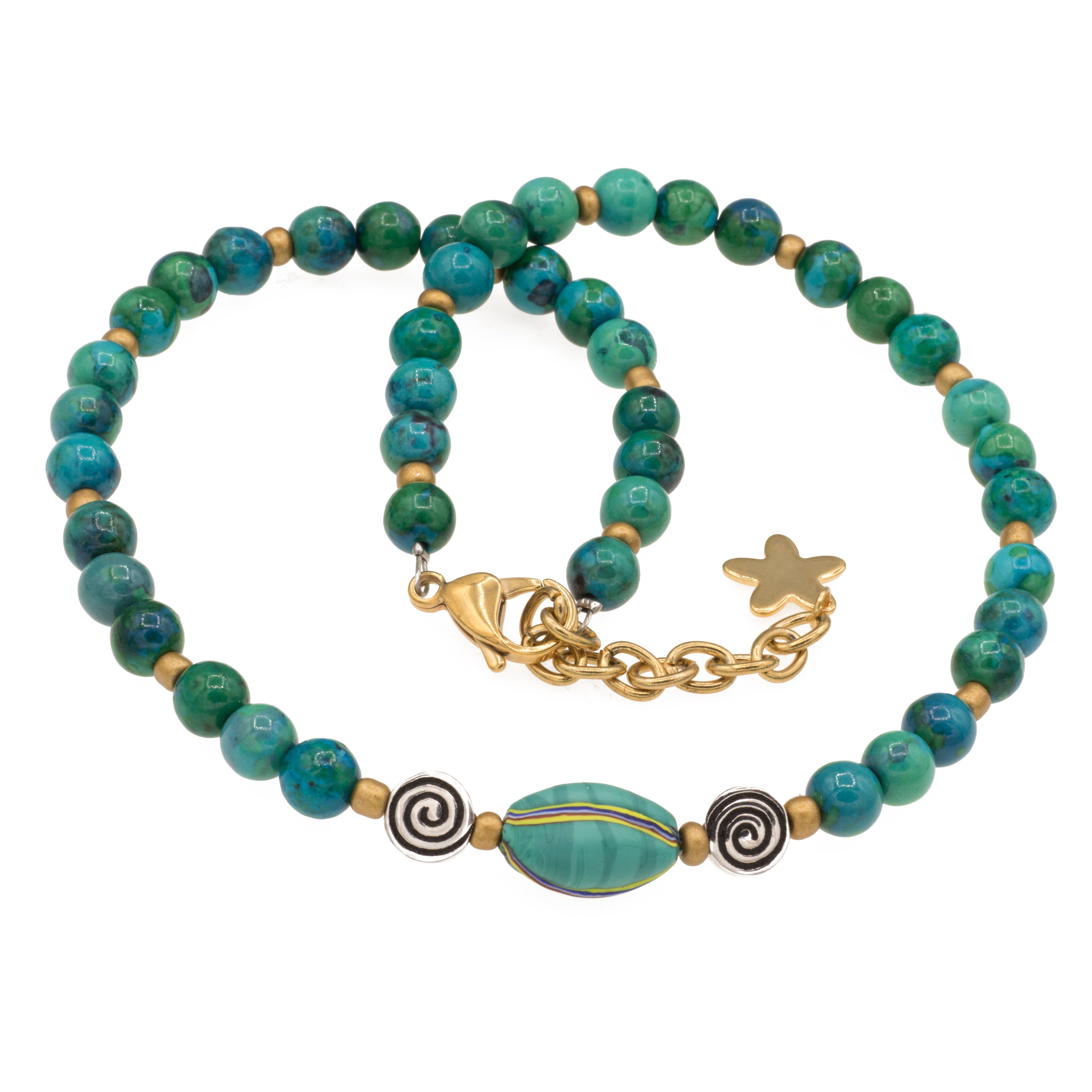 Bella Carina Perlenkette Kette mit Murano Glas Mosaik Perle, Chrysokoll und 2 Silber Perlen, mit Murano Glas Mosaik Perle