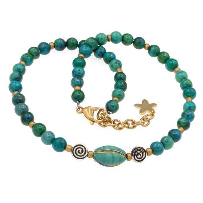 Bella Carina Perlenkette Kette mit Murano Glas Mosaik Perle Chrysokoll und 2 Silber Perlen mit Murano Glas Mosaik Perle