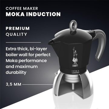 BIALETTI Espressokocher New Moka, 0,15l Kaffeekanne, aus Aluminium / Stahl, für vier Tassen, Kaffeemaschine, Kaffeekocher, für Induktions-, Gasherd, Elektroherd und Propan-Campingkocher geeignet, für Camping, Silber / Schwarz