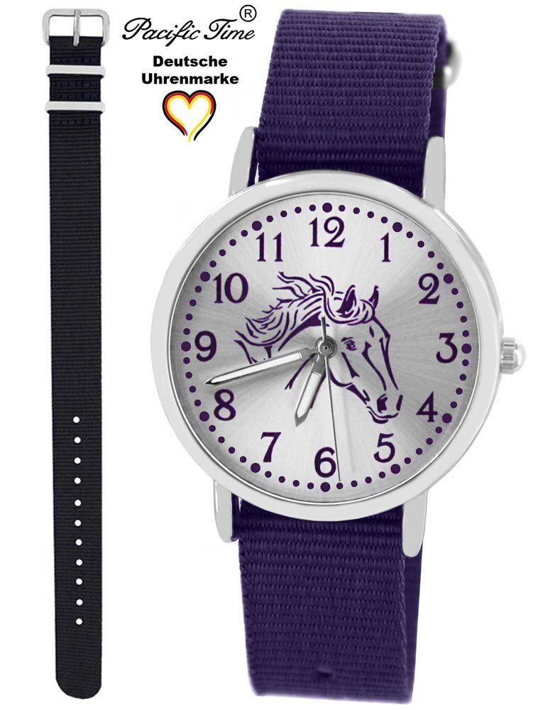 Pacific Time Quarzuhr Set Mix Match - Armbanduhr Design Kinder violett Versand schwarz und Gratis violett und Wechselarmband, Pferd